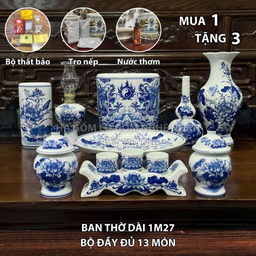 HG029 Đồ Thờ Cúng Bộ 13 món ban thờ 1M27 Men trắng nghệ nhân Bát Tràng chế tác TẶNG Thất Bảo, Tro Nếp
