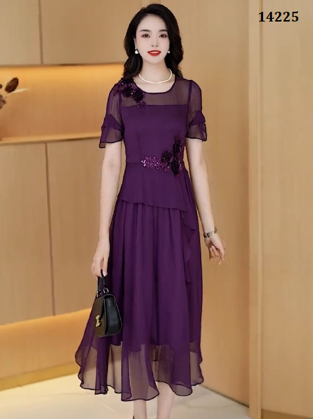 14225-Đầm Tím xòe kiểu peplum kết hoa tay  loe  cách điệu (voan sọc, lót)_thumbnail_0
