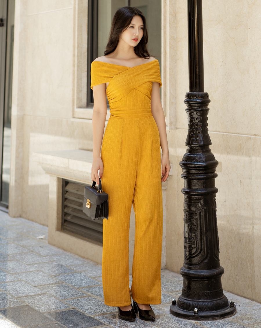 Jumpsuit dài ống suông thiết kế trễ vai 2in1