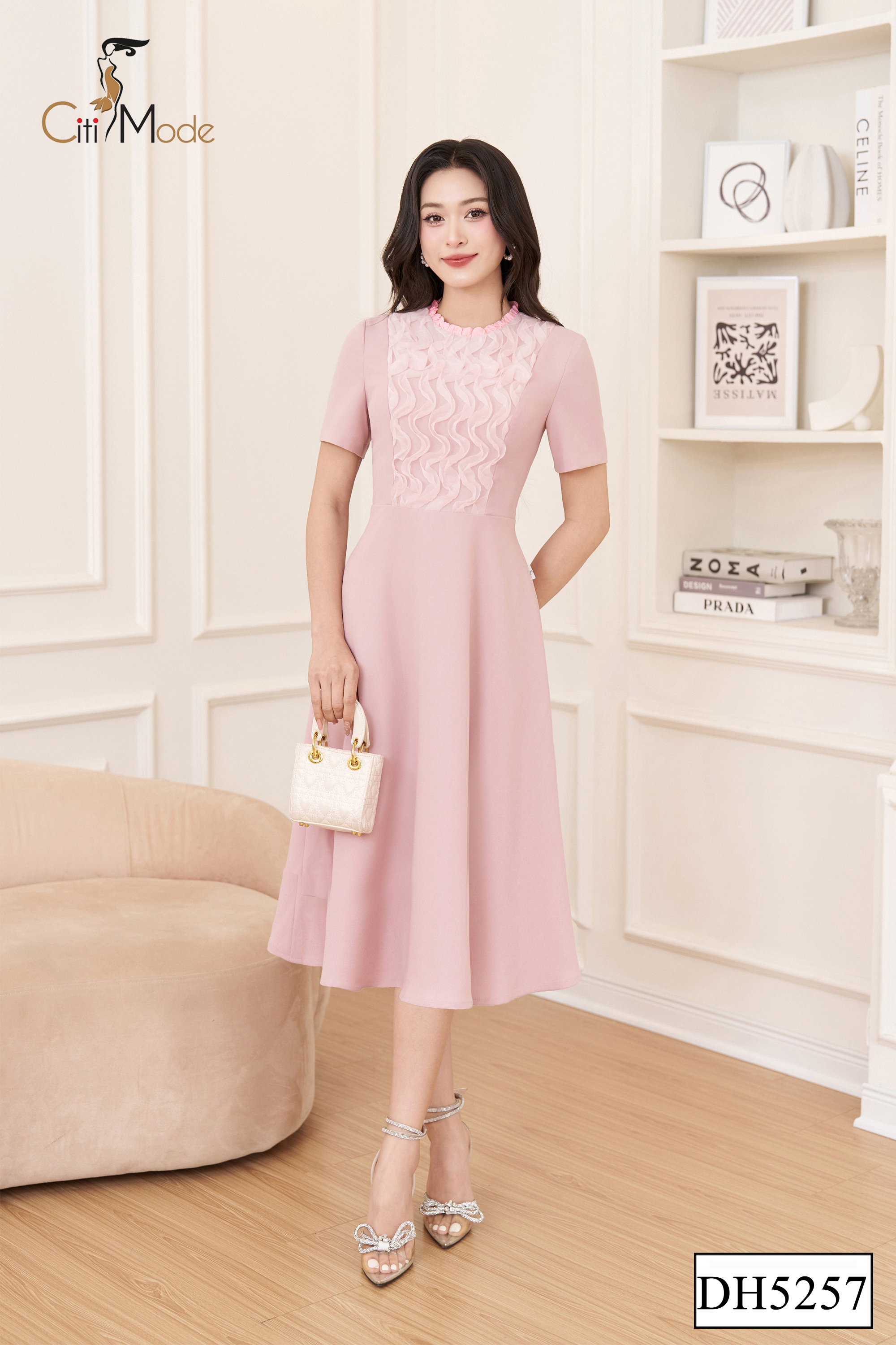 Đầm xoè hồng ngực nhún cách điệu_thumbnail_2