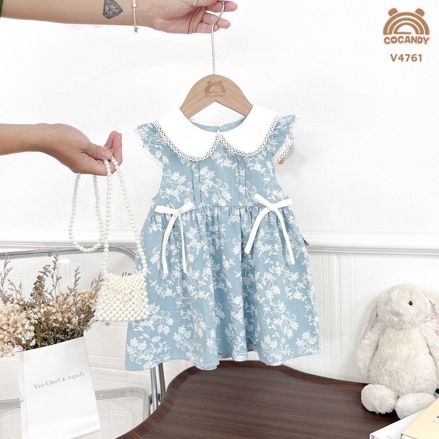 Váy hoa XANH TRẮNG cổ sen phối ren 2 nơ eo_thumbnail_2