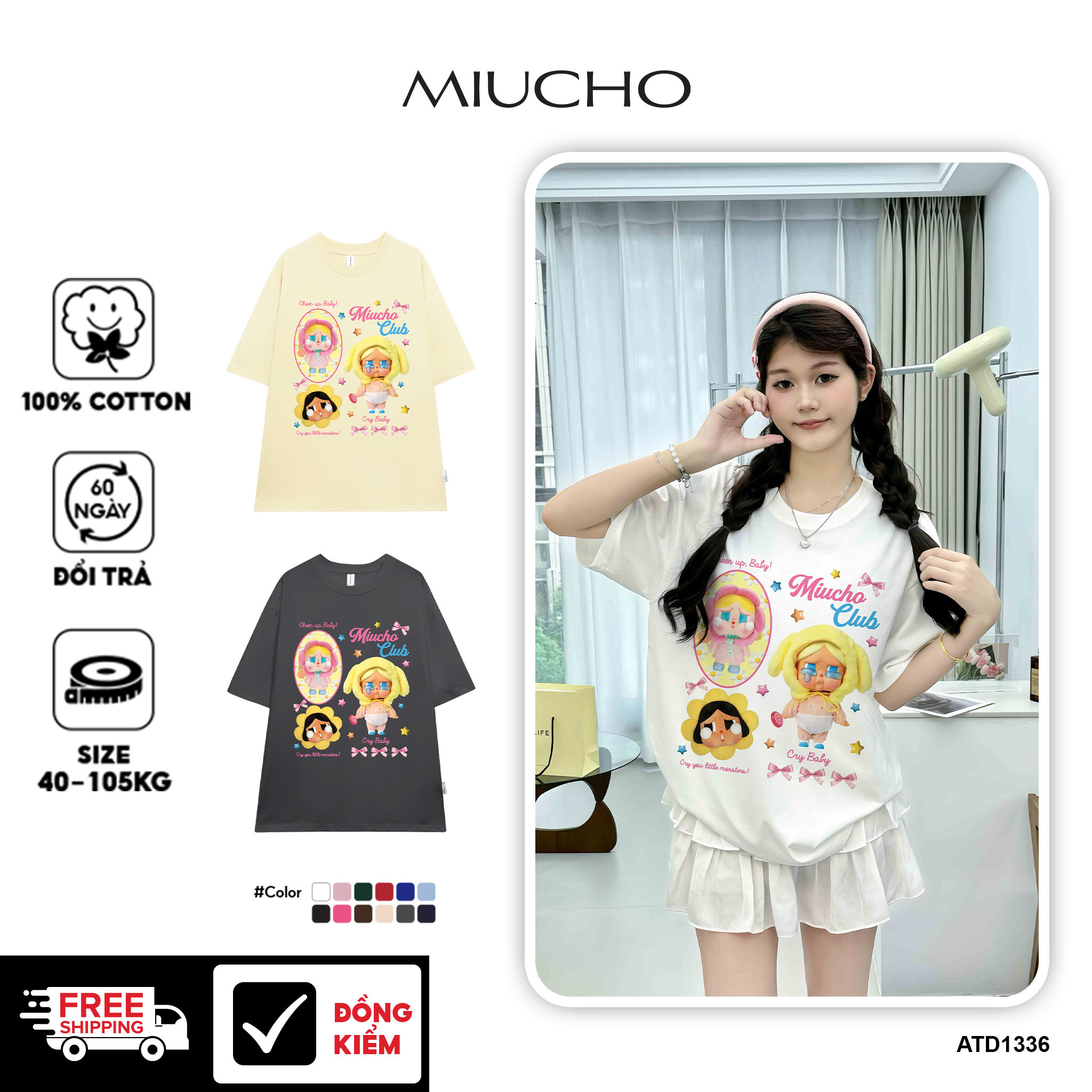 Áo thun CRY BABY nhiều màu ATD1336 Miucho form rộng vải cotton in mix
