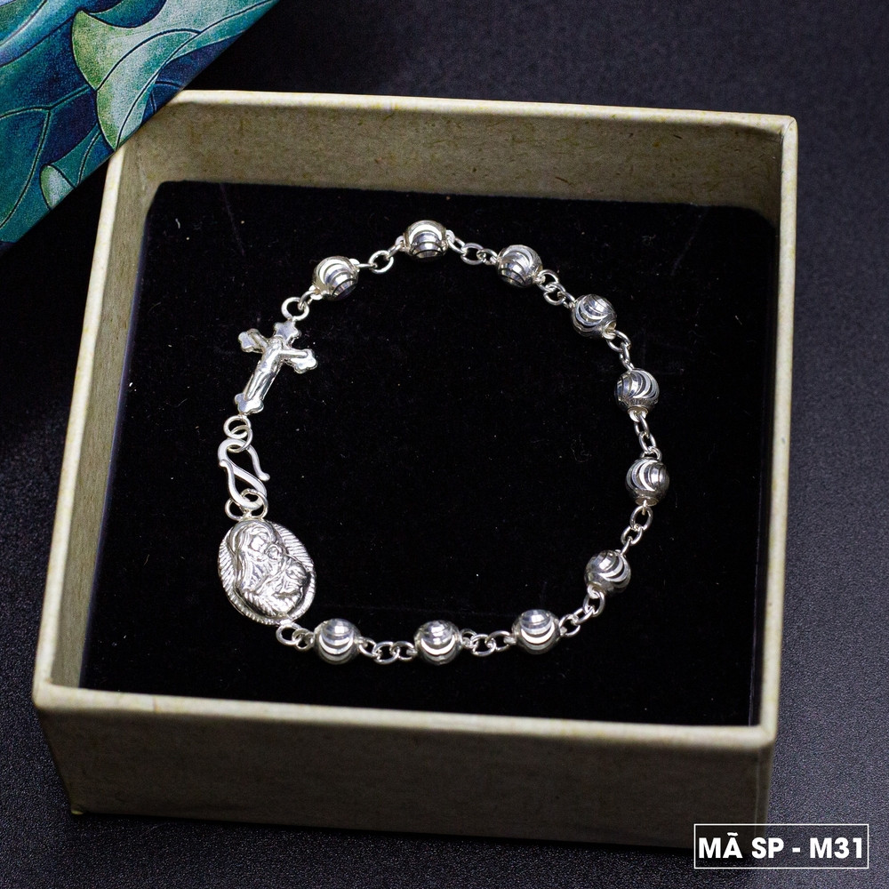 Lắc tay tràng hạt bạc M31 - Vòng mân côi bạc - Chuỗi mân côi bạc ta - Lắc tay Thánh Giá (6ly) 17cm-20cm