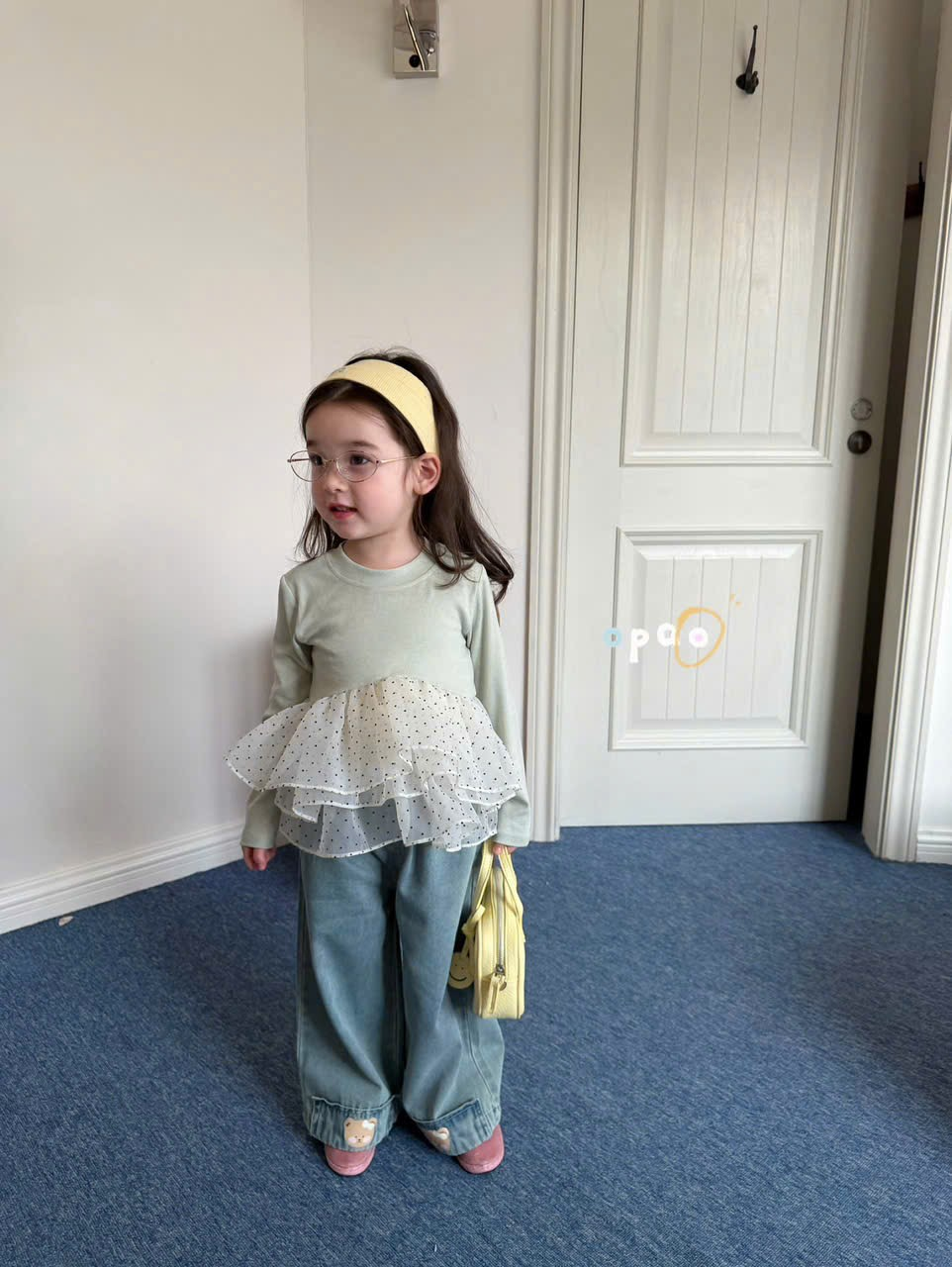 (E34) Áo thun xanh ngọc viền voan chấm bi Opao_thumbnail_0