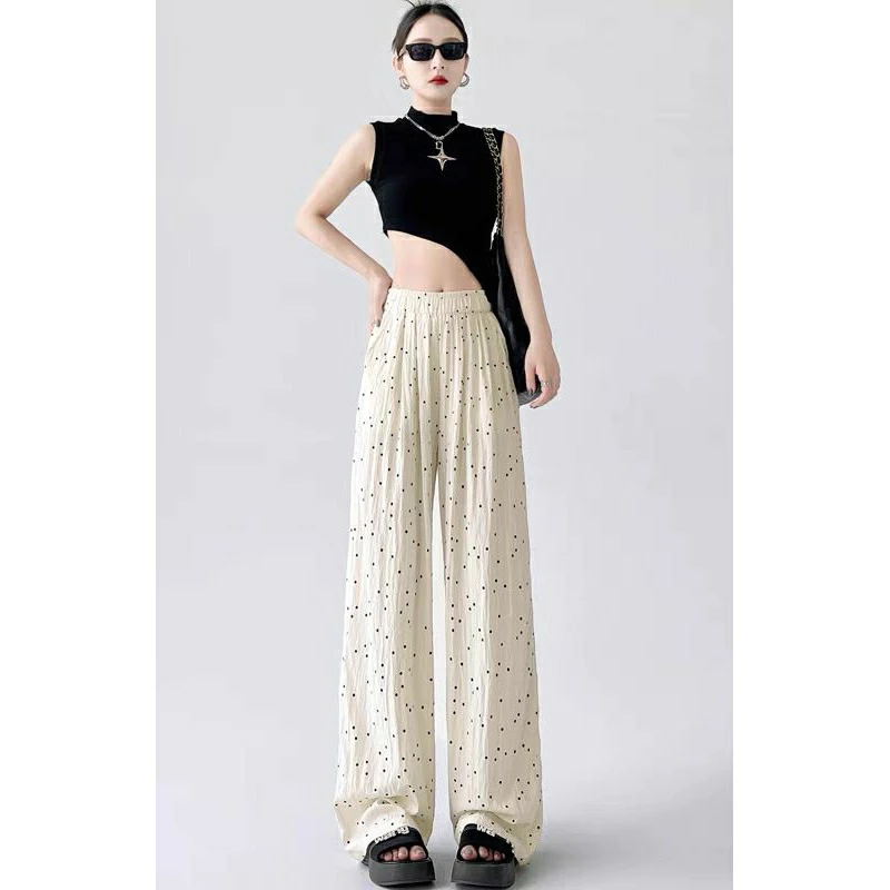 Quần suông nữ,chất vải đũi gió nhăn cao cấp chấm bi dễ thương, cạp chun eo cao