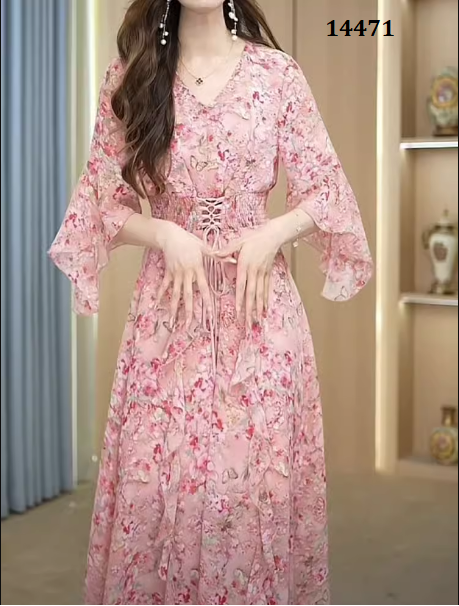 14471-Đầm voan hồng tay loe eo nhún thun co giãn (voan,lót)_thumbnail_3
