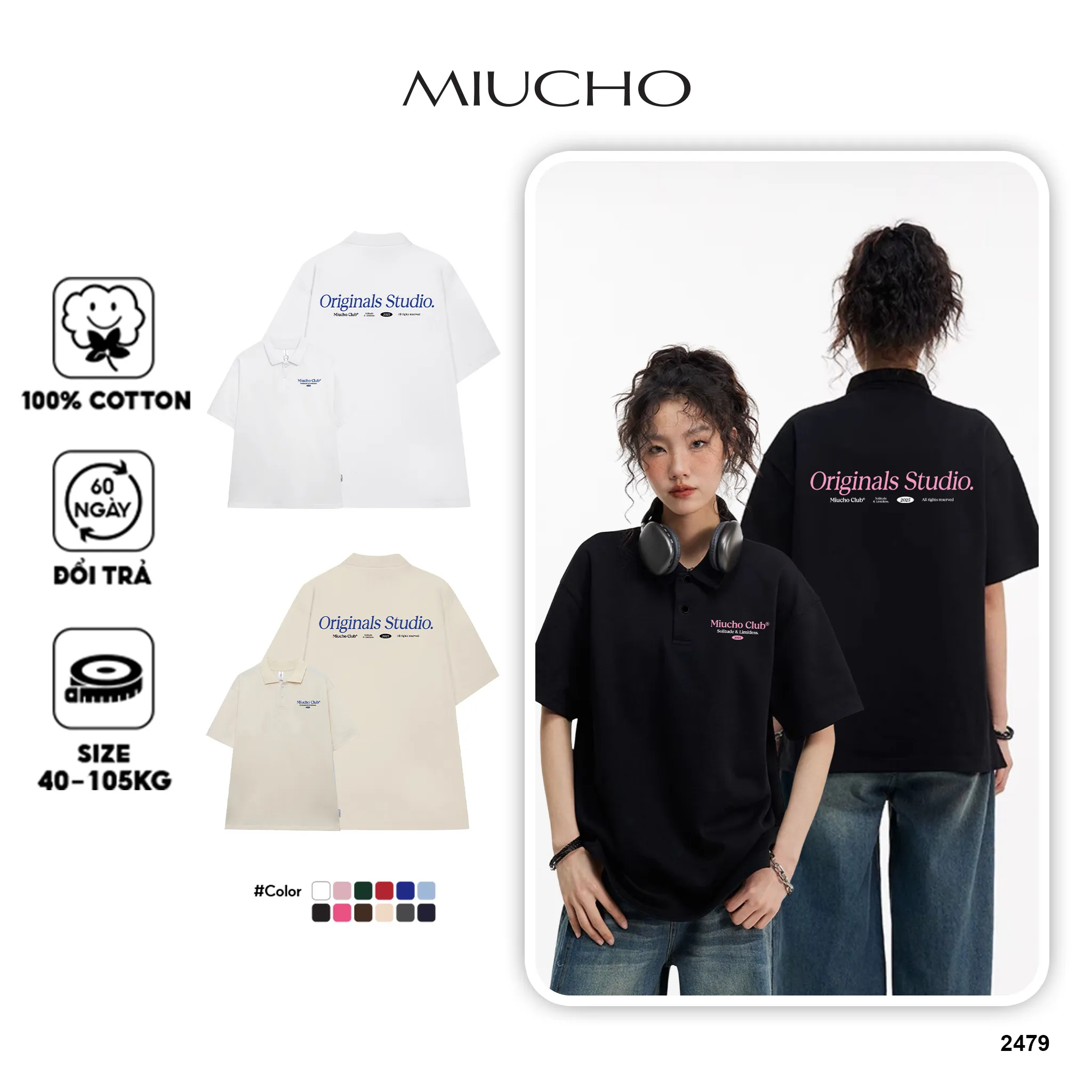 Áo polo nam nữ form rộng 2479 Miucho tay ngắn cổ trụ vải cotton thoáng mát in typography