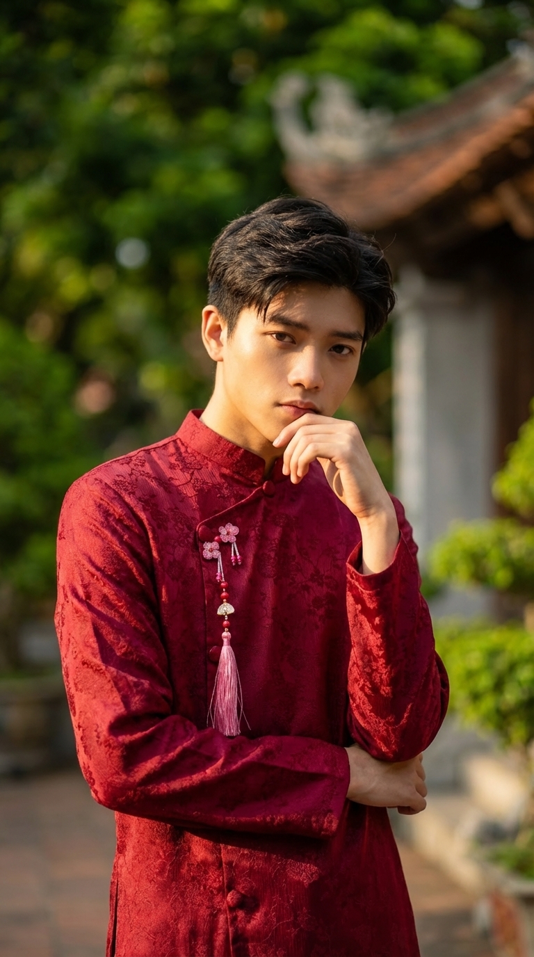 Áo Dài Nam Đỏ Gấm Họa Tiết Truyền Thống