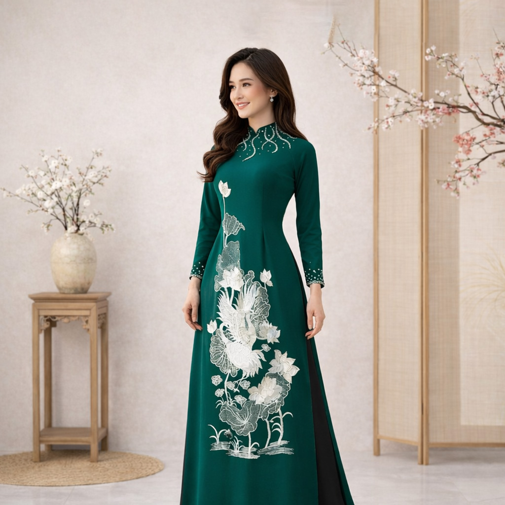 Áo Dài Mẹ Cô Dâu Chú Rể Màu Xanh Rêu Thêu Hạc Hoa Sen Sang Trọng AM26-12_thumbnail_2