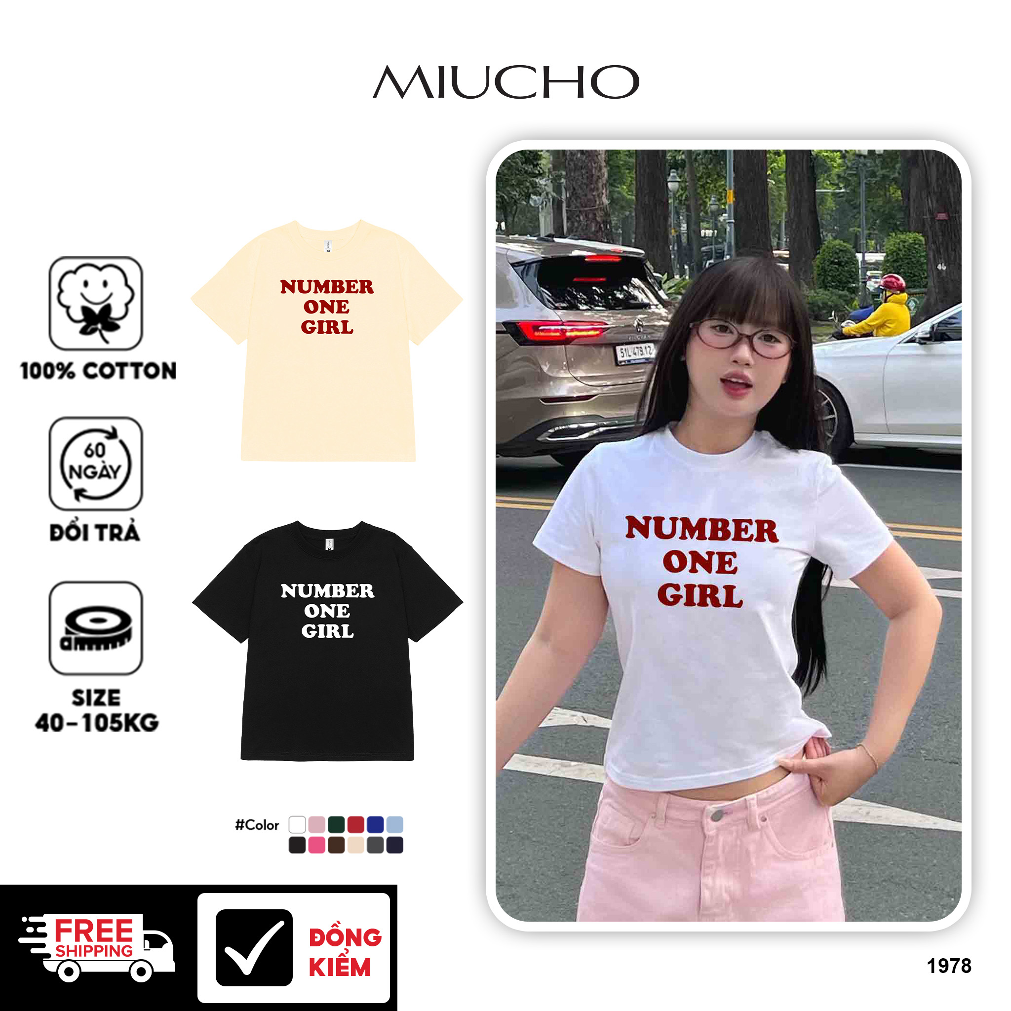 Áo baby tee ôm number one girl 1978 Miucho cổ tròn vải cotton 4c thoáng mát in basic_thumbnail_1