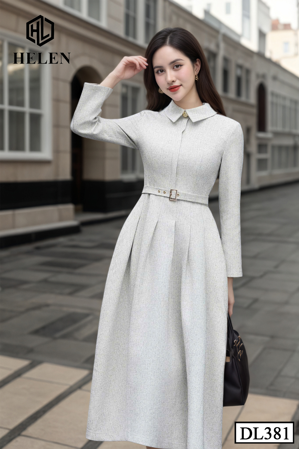 (Pre-order) Đầm dạ xòe màu ghi sáng cổ đức + kèm đai DL381