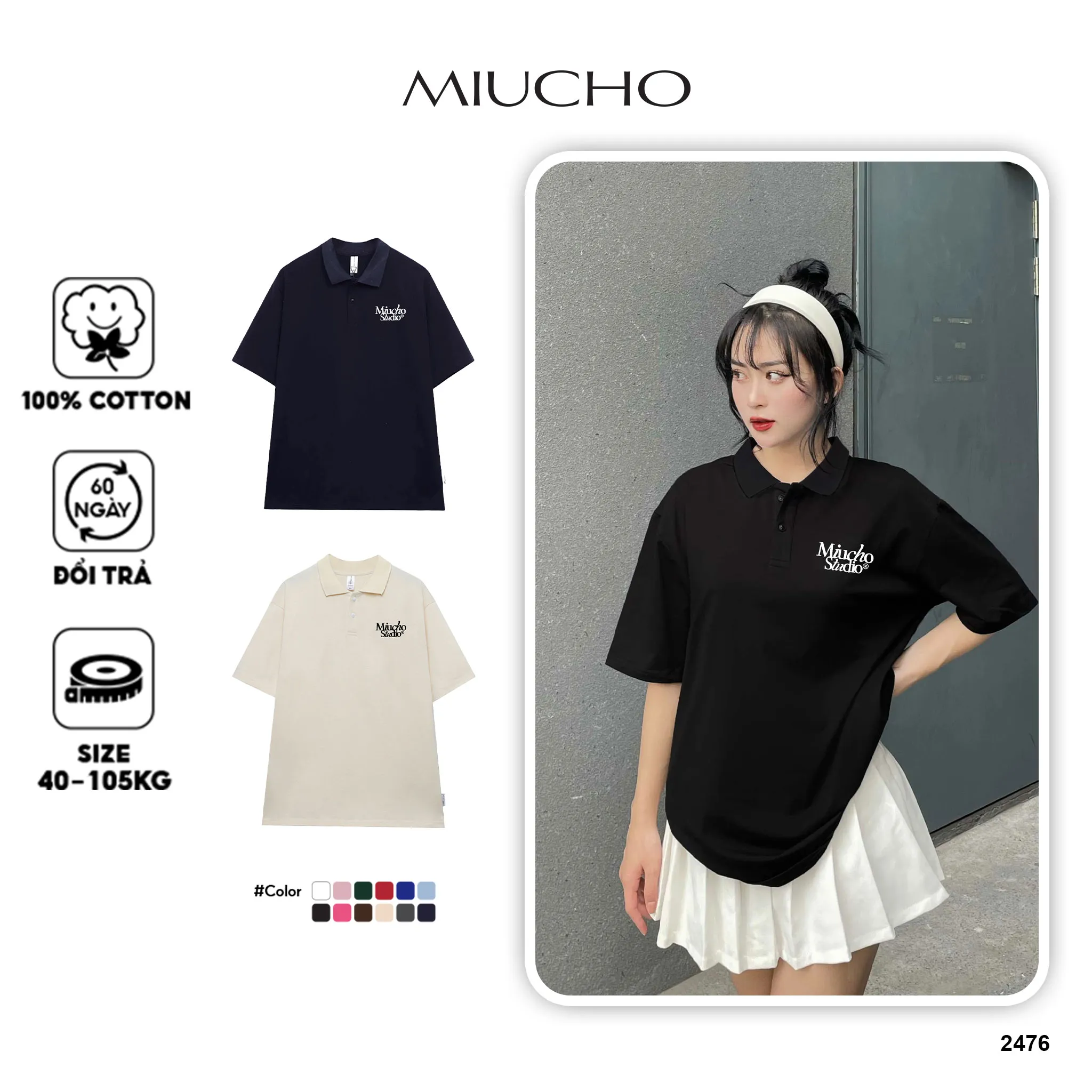 Áo polo form oversize basic 2476 Miucho tay ngắn cổ trụ vải cotton thoáng mát cao cấp