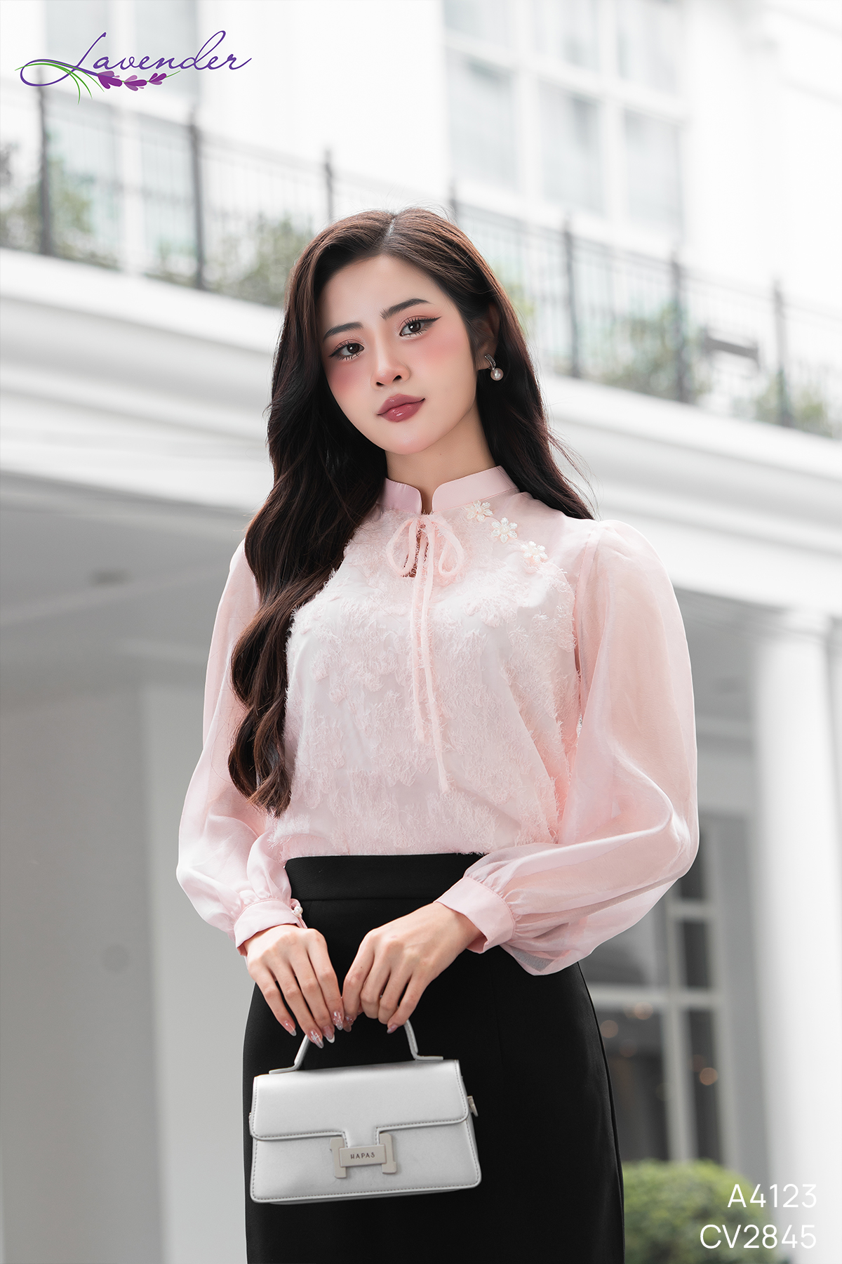 Áo sơ mi tơ lông màu hồng phối tay dài A4123