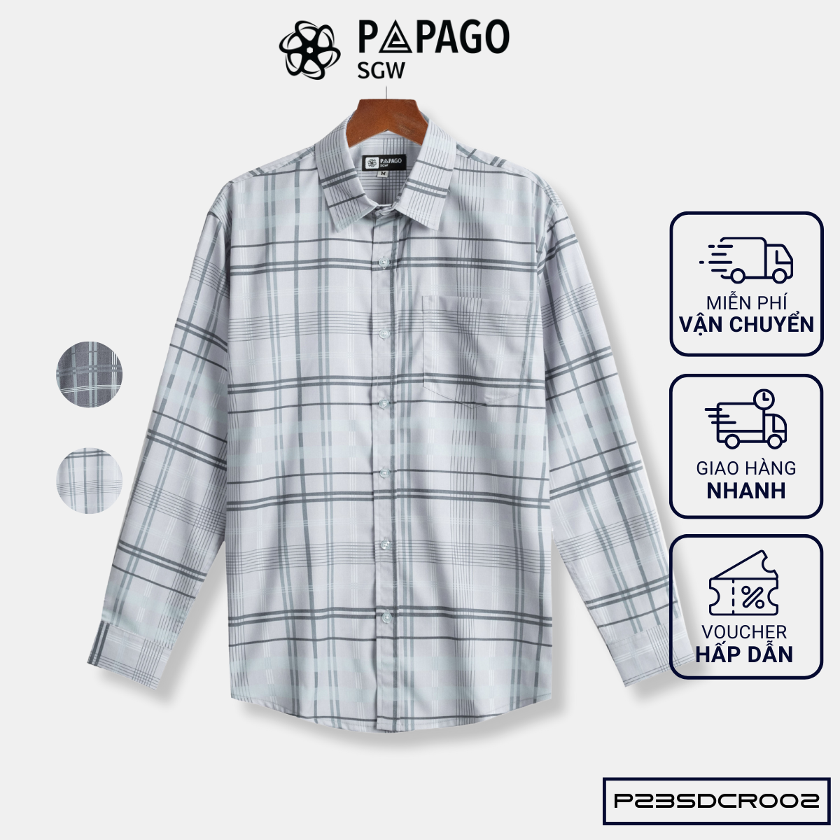 Áo sơ mi nam trung niên PAPAGO cao cấp tay dài vải lụa lai bầu in hoạ tiết sọc caro mềm mát - P23SDCR002_thumbnail_2
