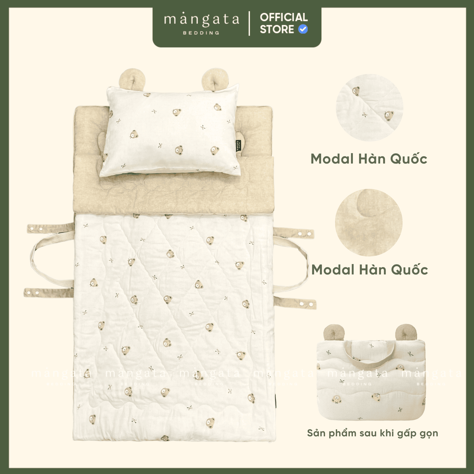 Mẫu Gấu nơ - Bộ chăn gối gấp gọn đi học 