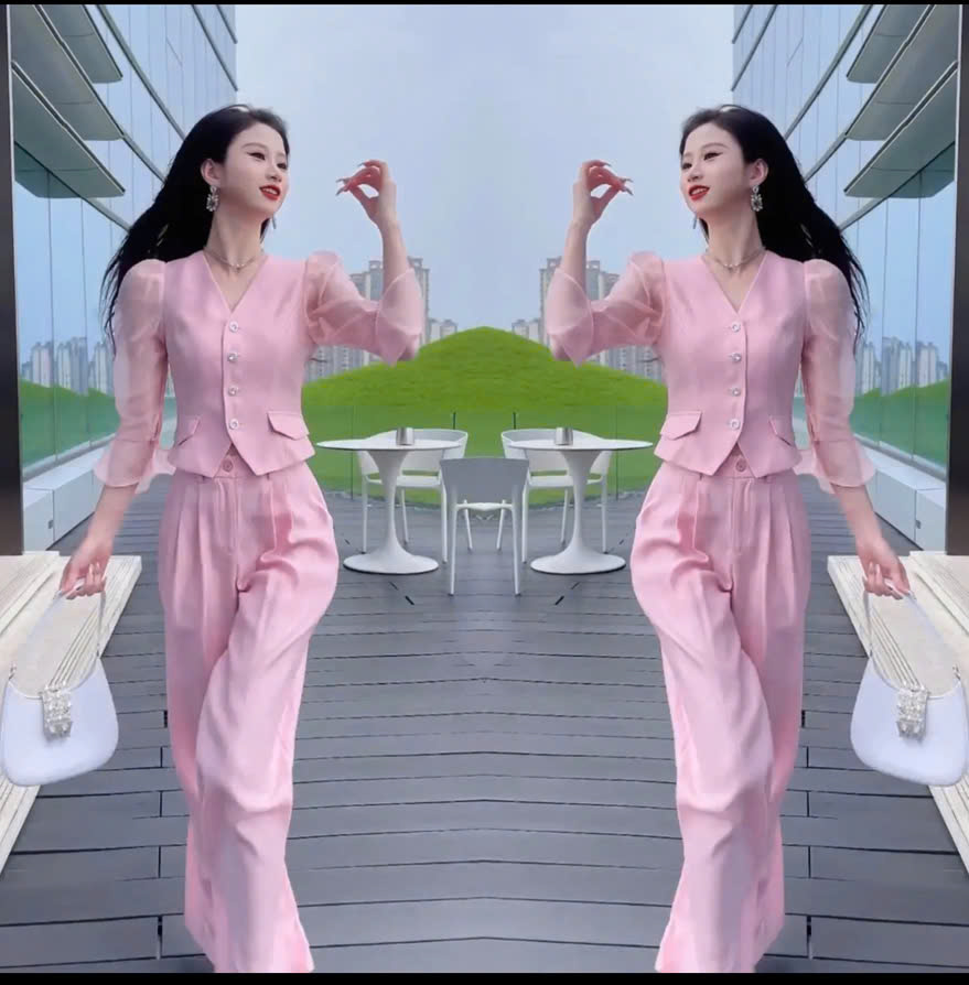 Set bộ áo kiểu cổ V cổ điển phối tay lỡ quần ống rộng