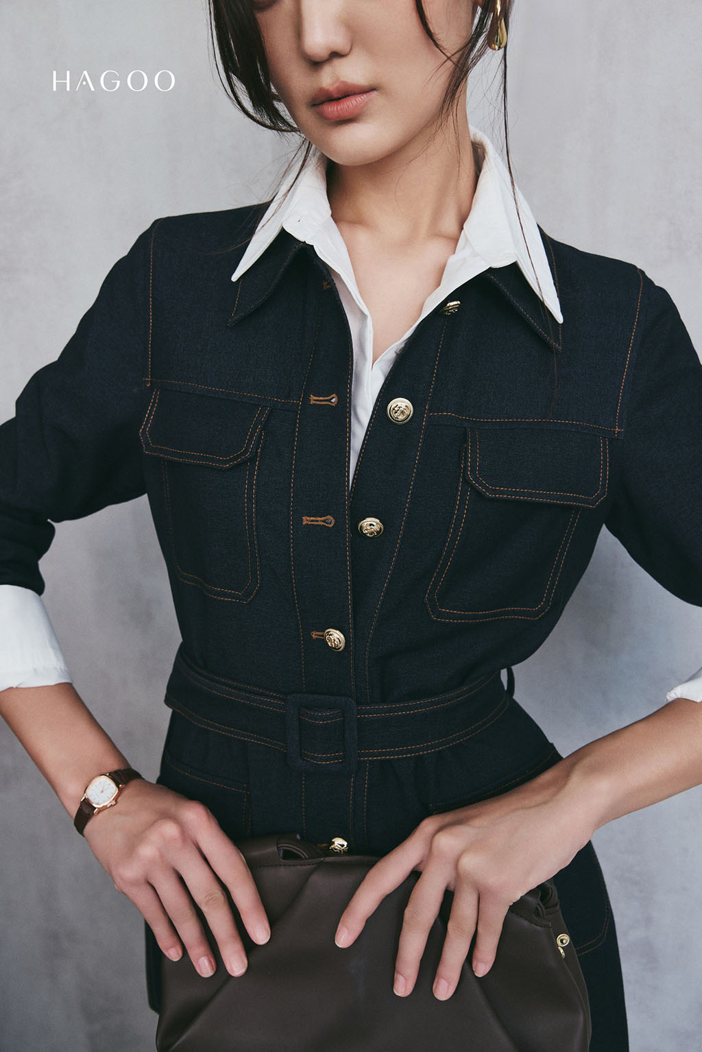 Váy Denim túi ốp diễu chỉ trang trí HAGOO_thumbnail_2