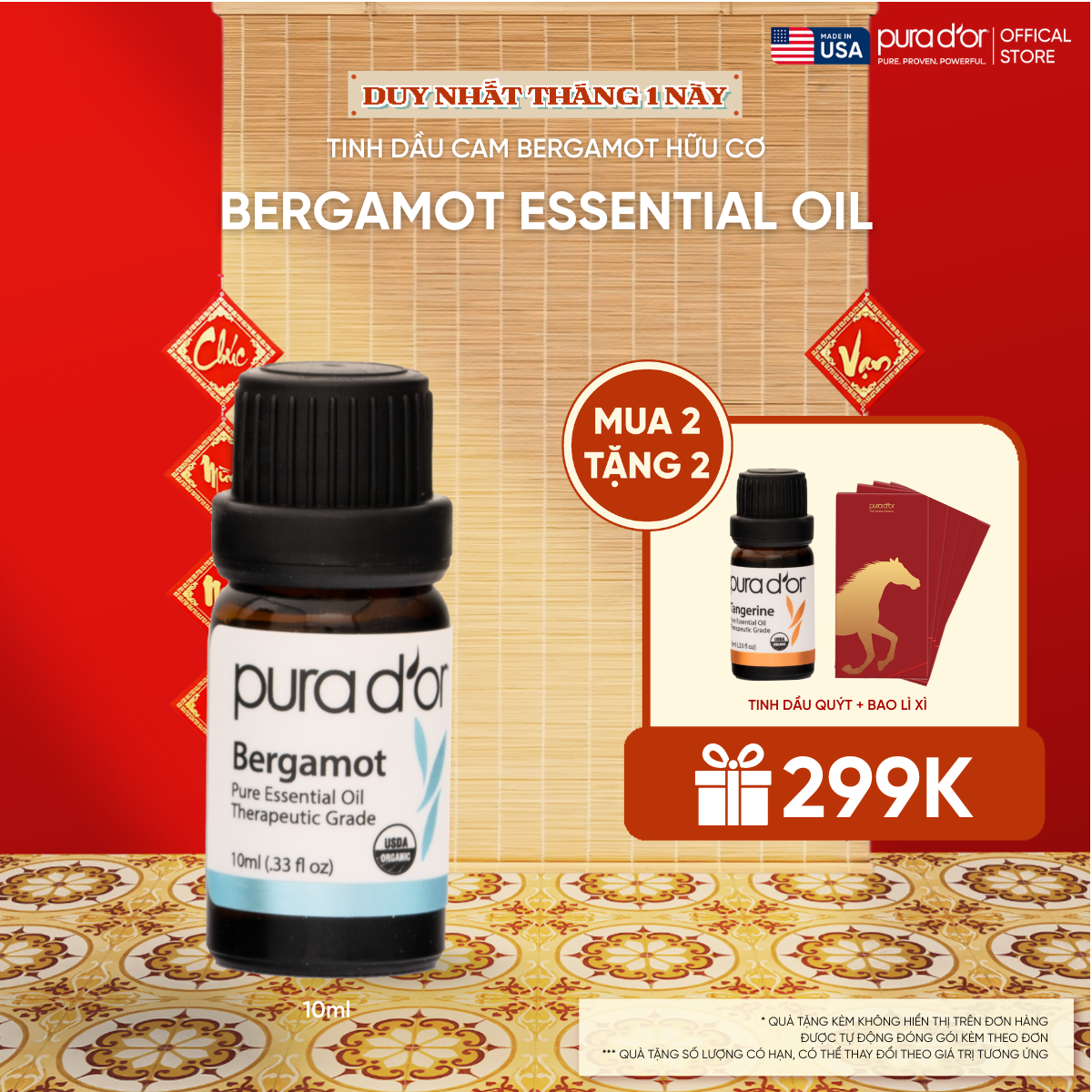 Tinh Dầu Cam Bergamot Hữu Cơ Pura D'or Therapeutic Grade Bergamot Essential Oil 10ml