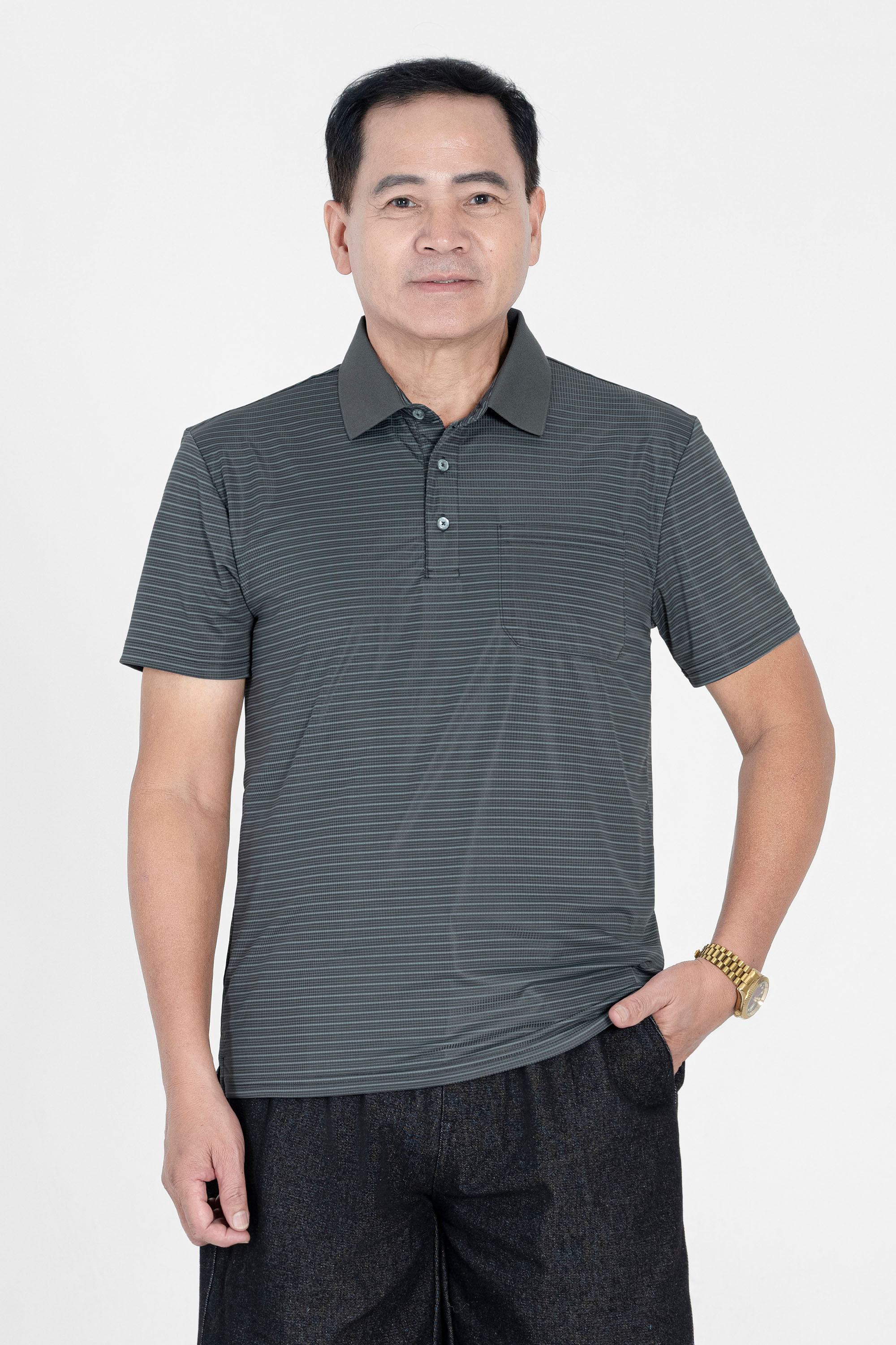 Áo Polo Túi Ngực Nam Trung Niên ANCHI Chất Liệu Cotton Cao Cấp Có Xẻ Tà Màu Ghi