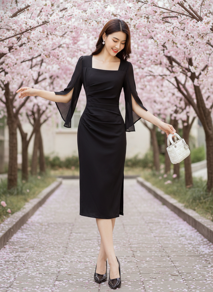 Đầm body xếp ly eo tay nữ hoàng_thumbnail_1