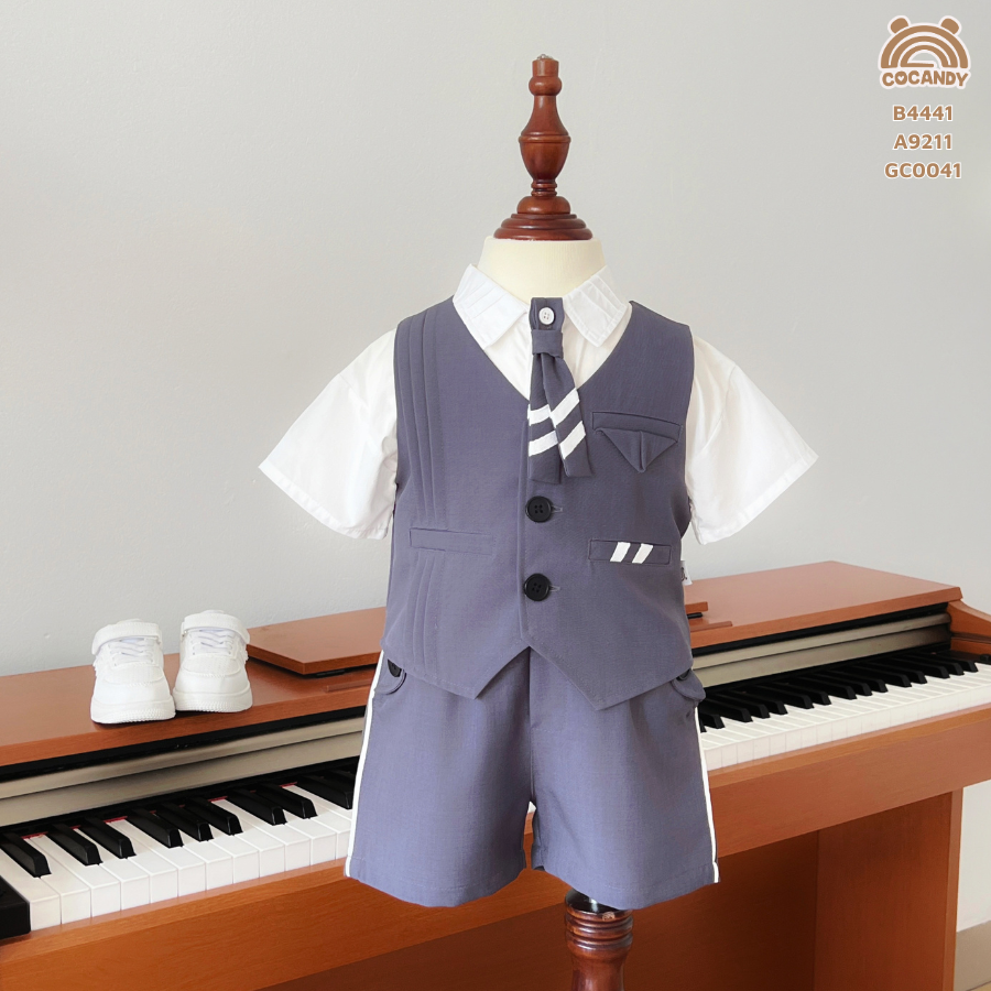 Bộ cộc GHI gile sọc trắng kèm nơ cổ