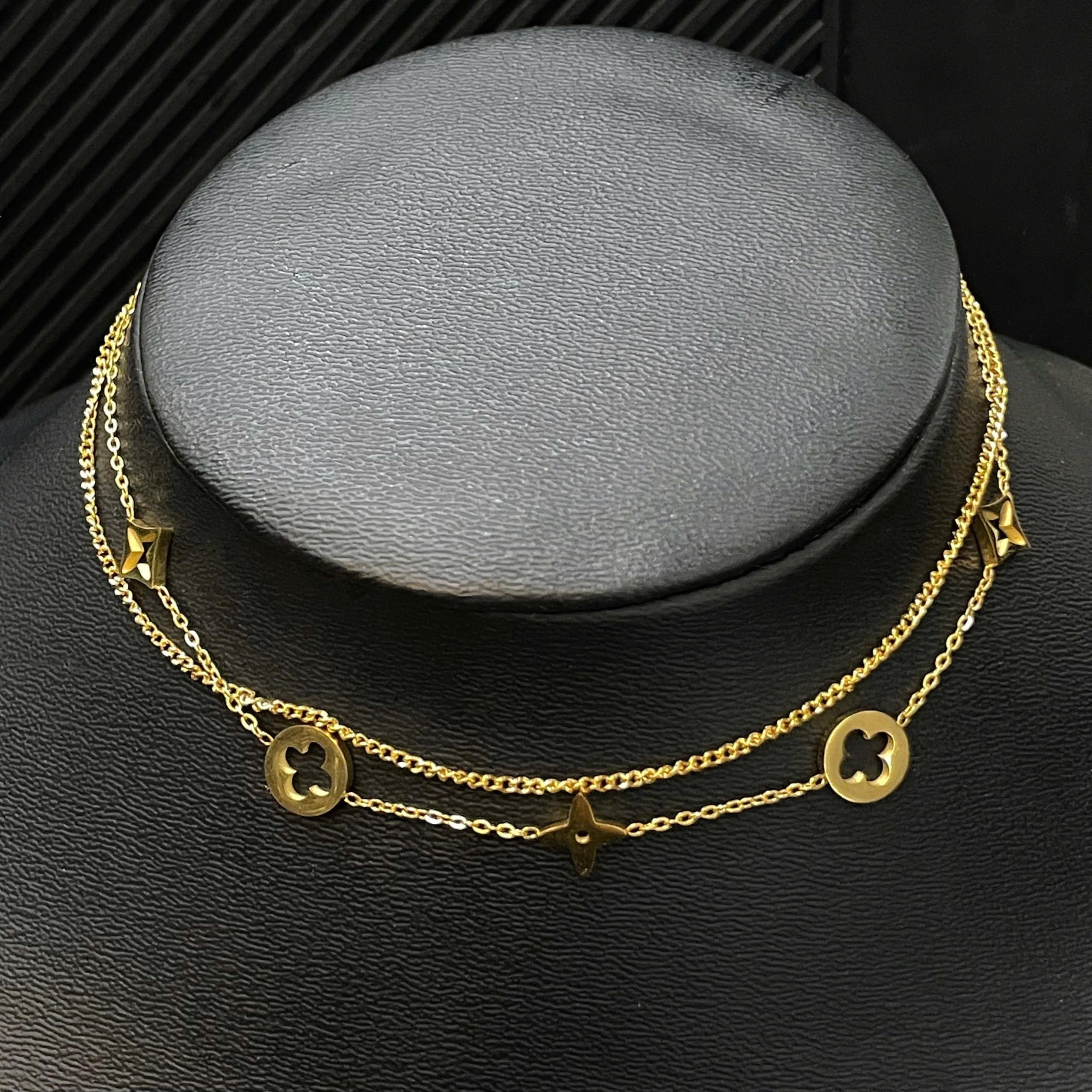 lắc chân titan hai sợi mảnh vàng charm LV cỏ bốn lá _thumbnail_2