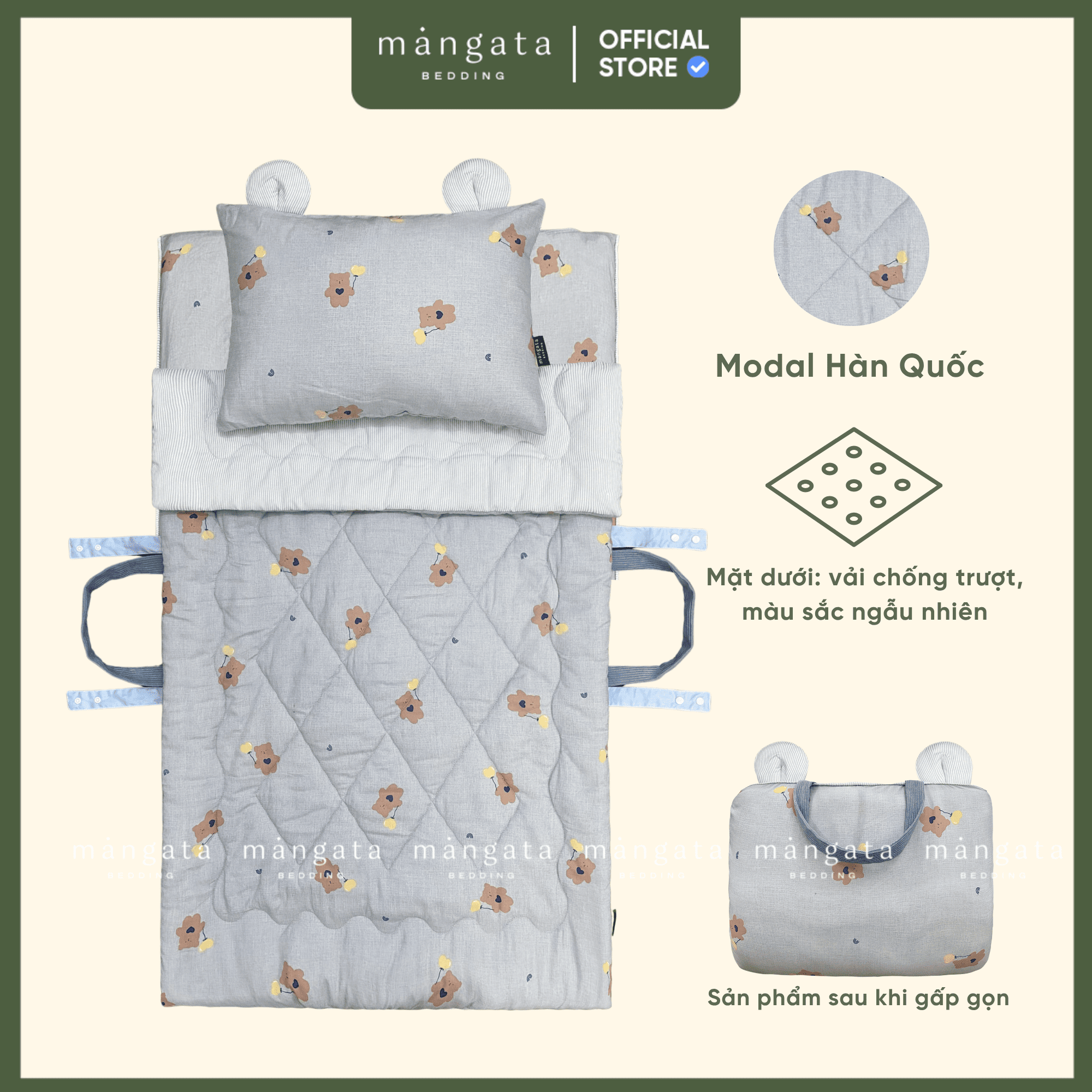 Mẫu Gấu trái tim - Bộ chăn gối gấp gọn đi học