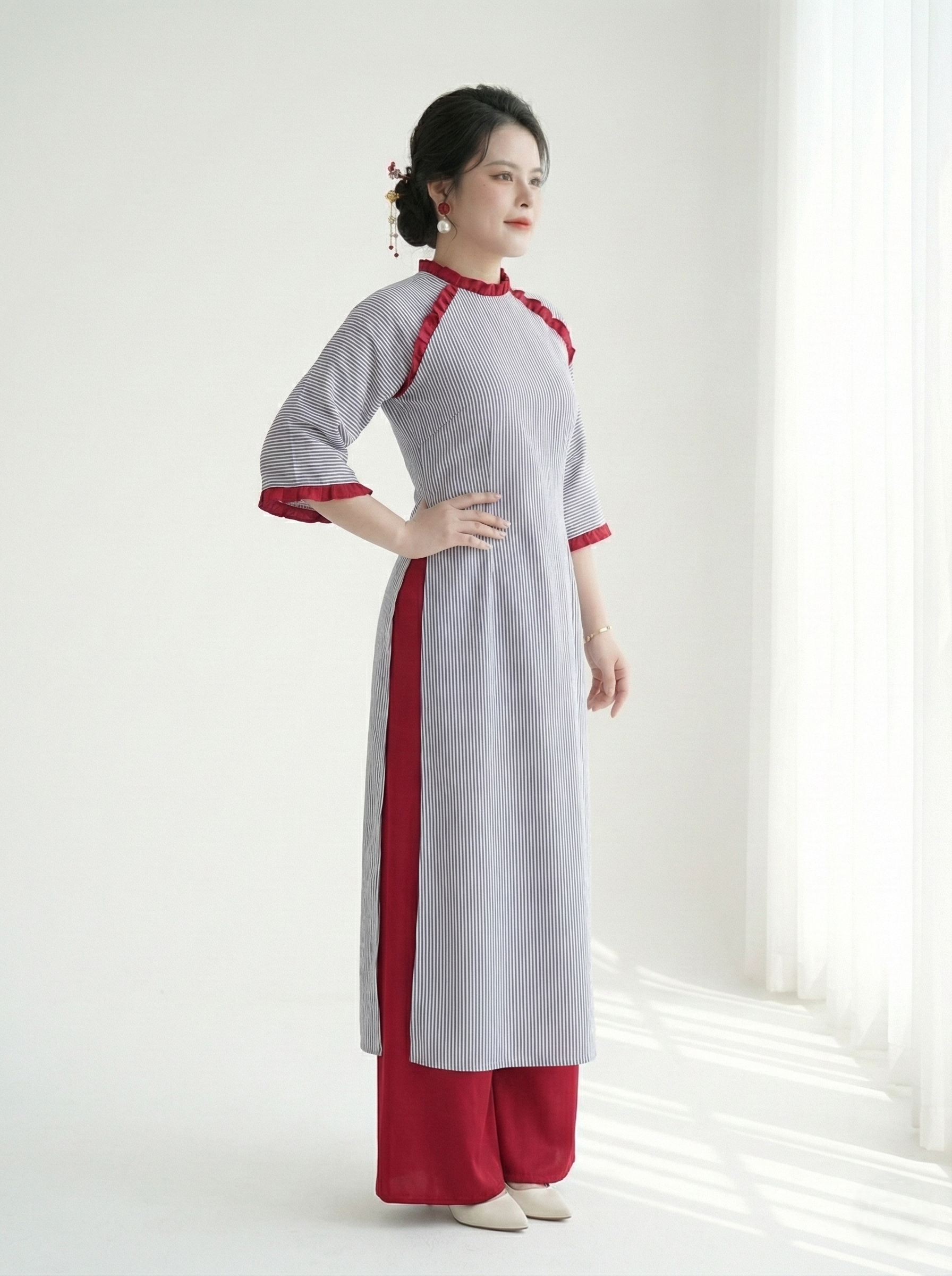 BIGSIZE- Áo dài phối nhún kiểu V-AD017_thumbnail_2