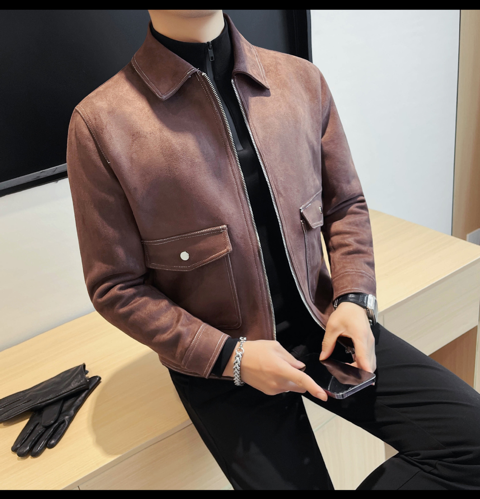 PA14 – Áo jacket nam thu đông dây kéo đồng màu, cổ bẻ, túi lớn, lót lông_thumbnail_8