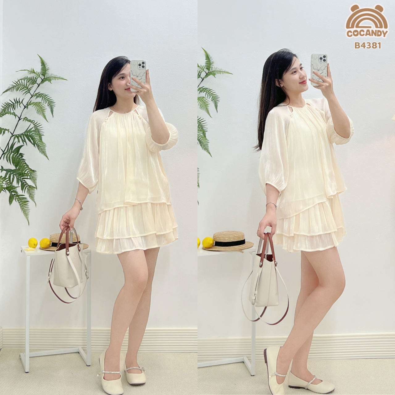 Bộ cộc tơ óng BE tay lửng + chân váy xòe NỮ