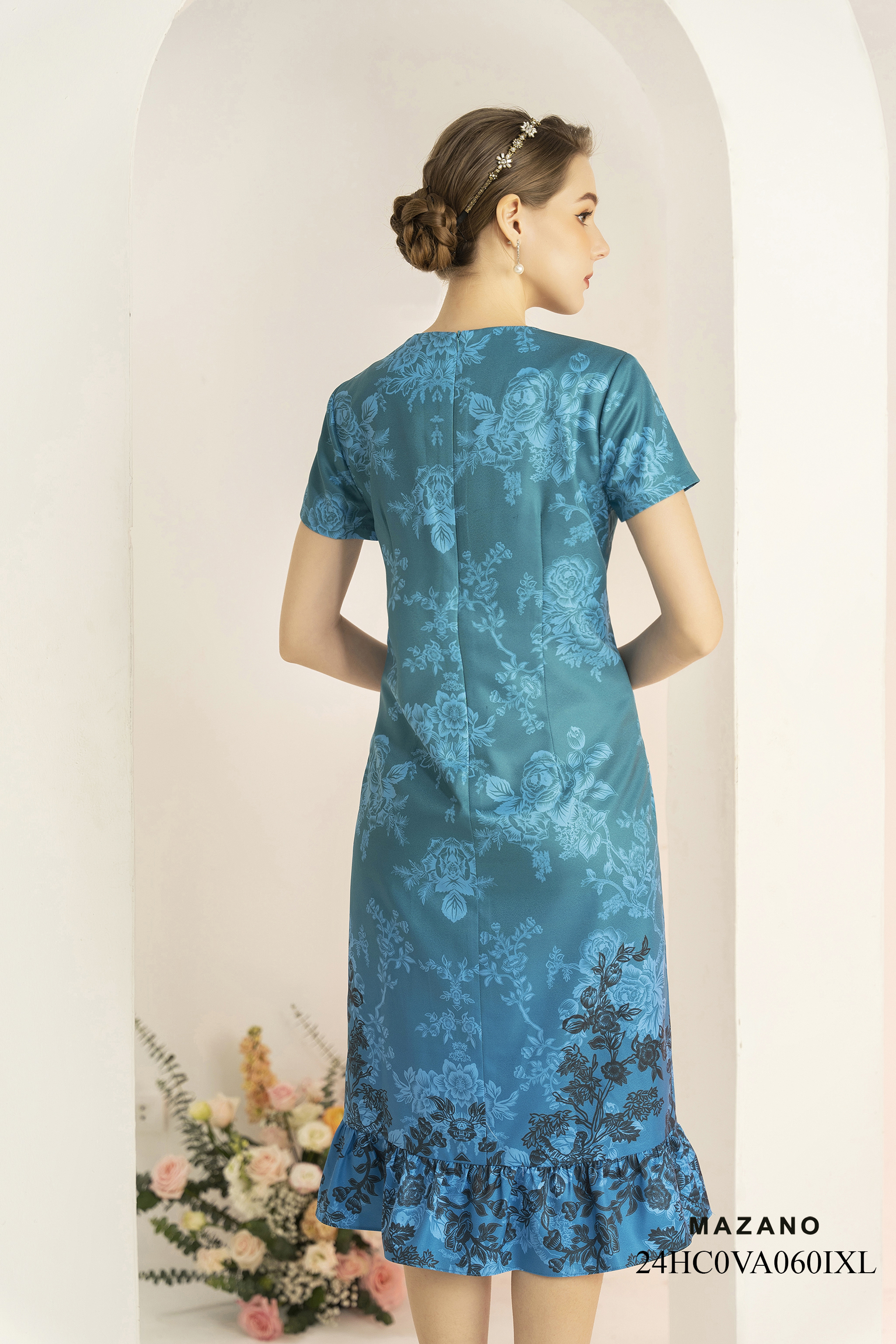 Váy Đầm Suông Vải thô mỏng Hoạ tiết hoa cách điệu in ombre Cổ tròn Tay ngắn Dài ngang bắp chân_thumbnail_4