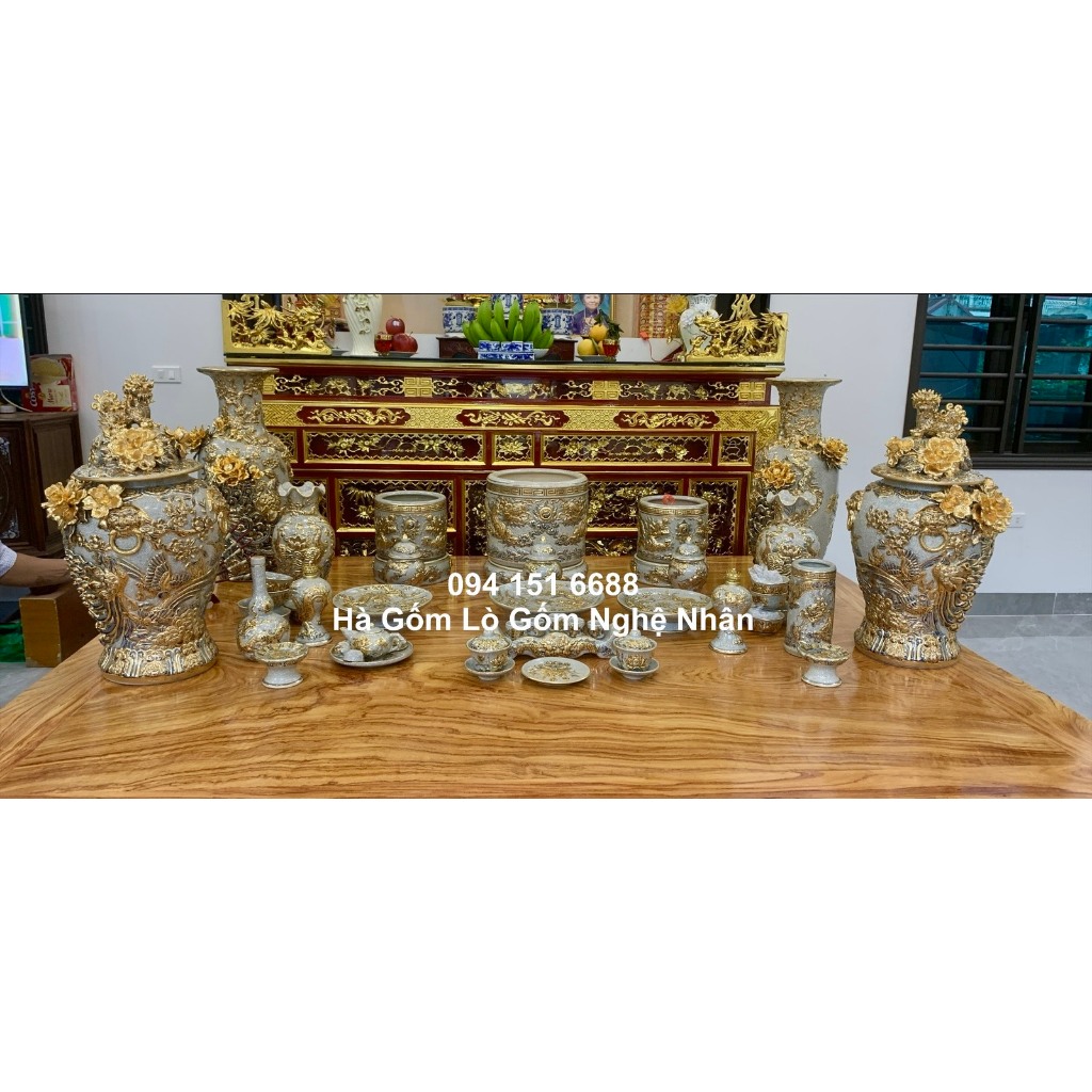 Bộ Đồ Thờ Men Rạn 1m4 -1m97 Vẽ Vàng 24K 9999 Nghệ Nhân Chế Tác Cao Cấp Bát Tràng_thumbnail_2