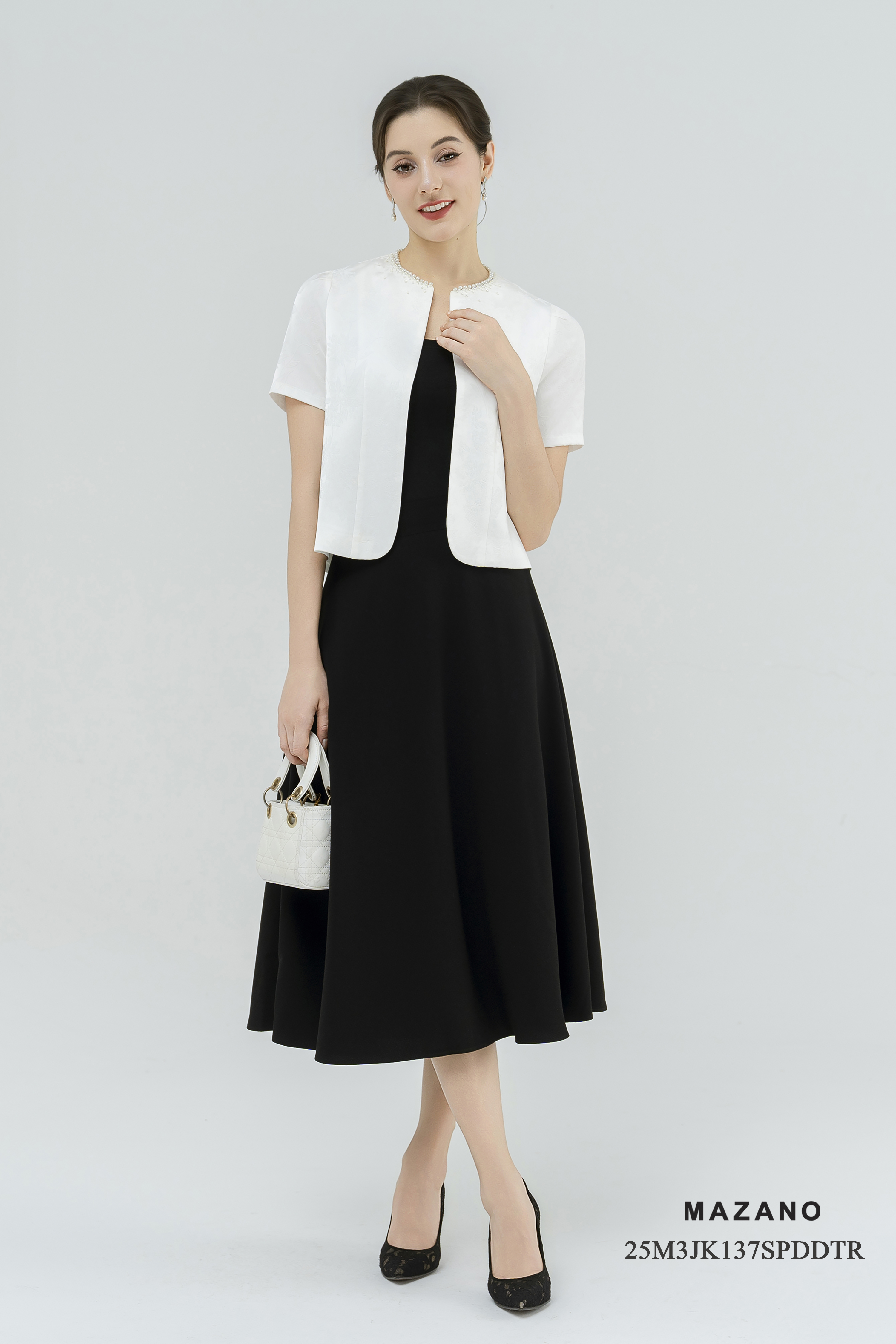 Áo khoác ngắn Suông Vải gấm vân chìm Họa tiết hoa chìm Đính ngọc trai thủ công Dài dưới eo