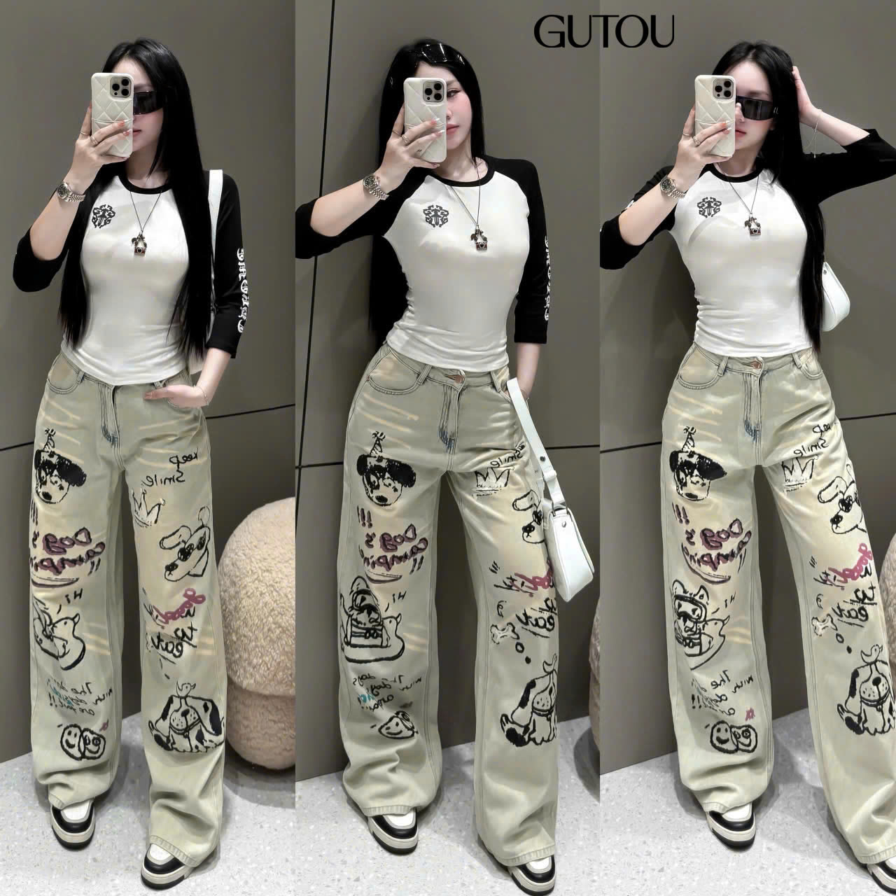 [ GUTOU ] Quần Jean Suông Hoạt Hình Dog Camping_thumbnail_3