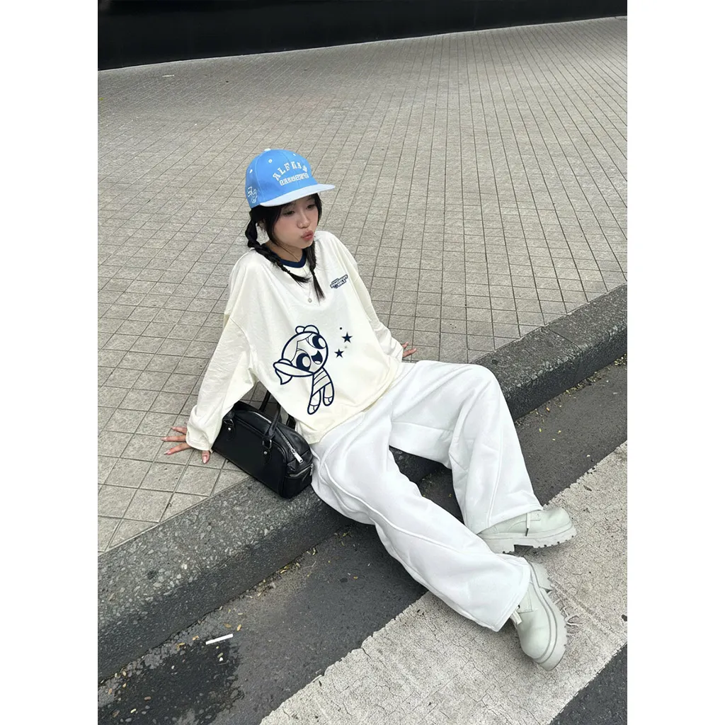 Áo thun boxy tay dài Miucho chất vải thoáng mát giữ form Powerpuff Girl phối cổ mix màu xanh đen 2815_thumbnail_3