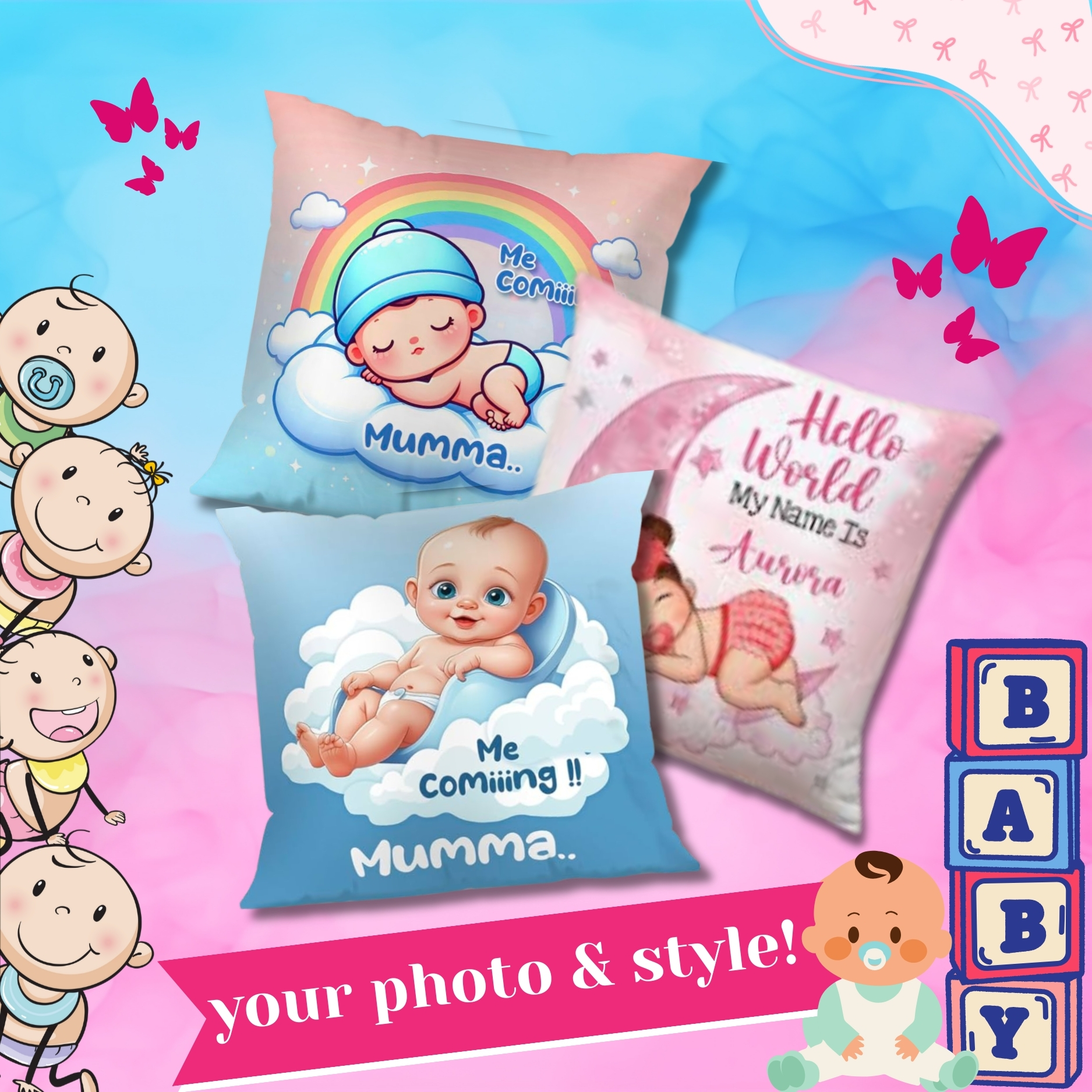 Christening Blue & Pink Pillow