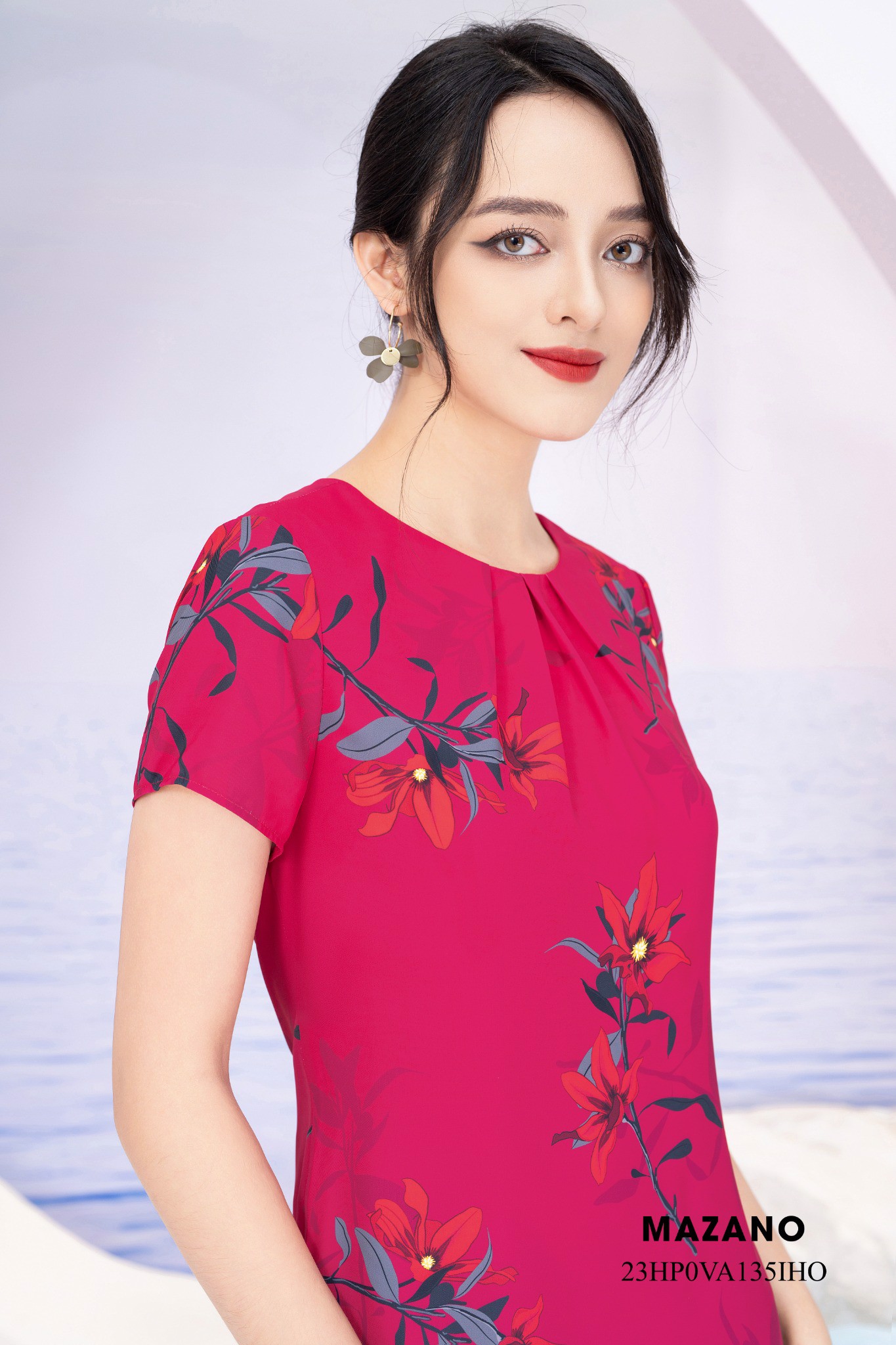 Váy Đầm suông Vải thô mỏng Họa tiết hoa in ombre Chân phối bèo Cổ tròn Tay ngắn Dài đến bắp chân_thumbnail_3