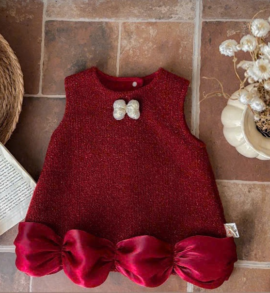 (C13) Váy dạ đỏ đính nơ gấu voan có lót