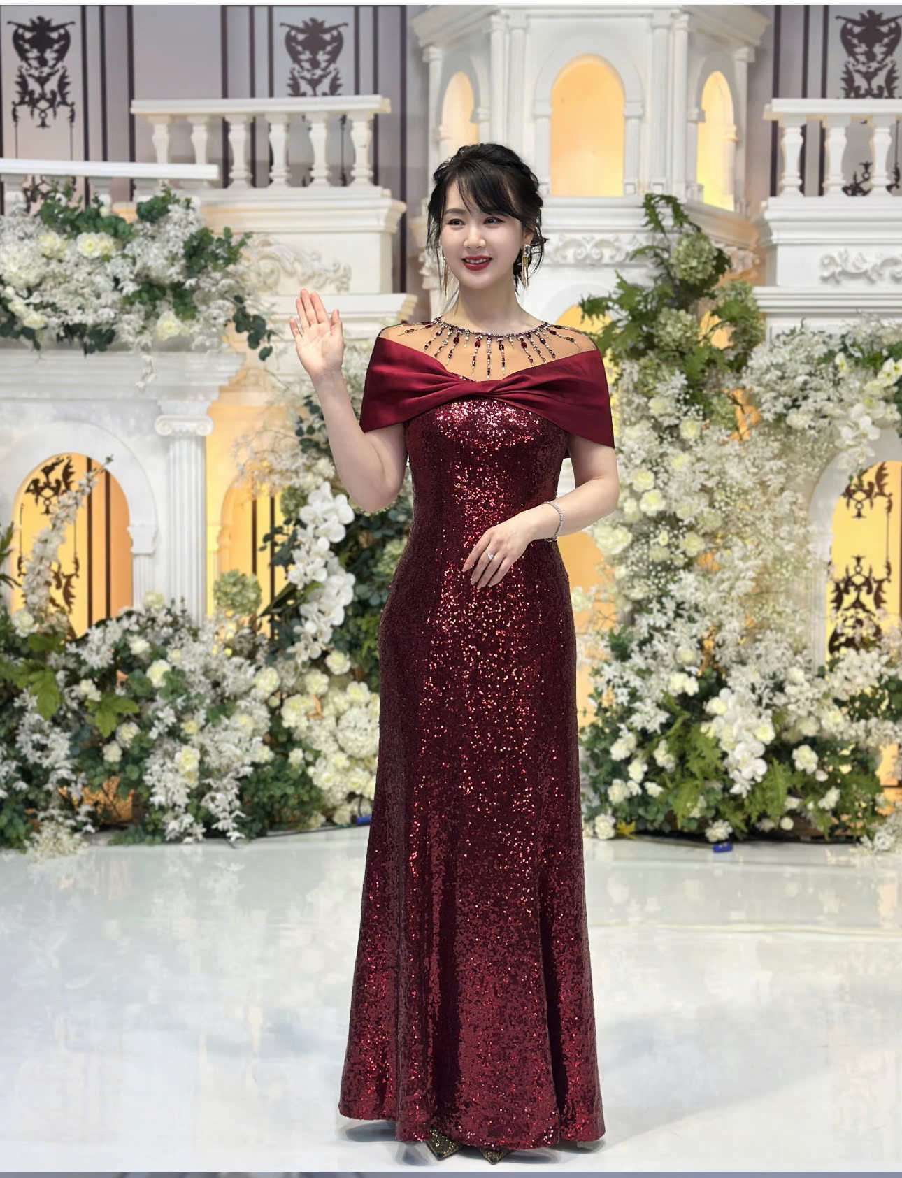 Đầm dự tiệc dạ hội kim sa phối lưới đính đá sang trọng