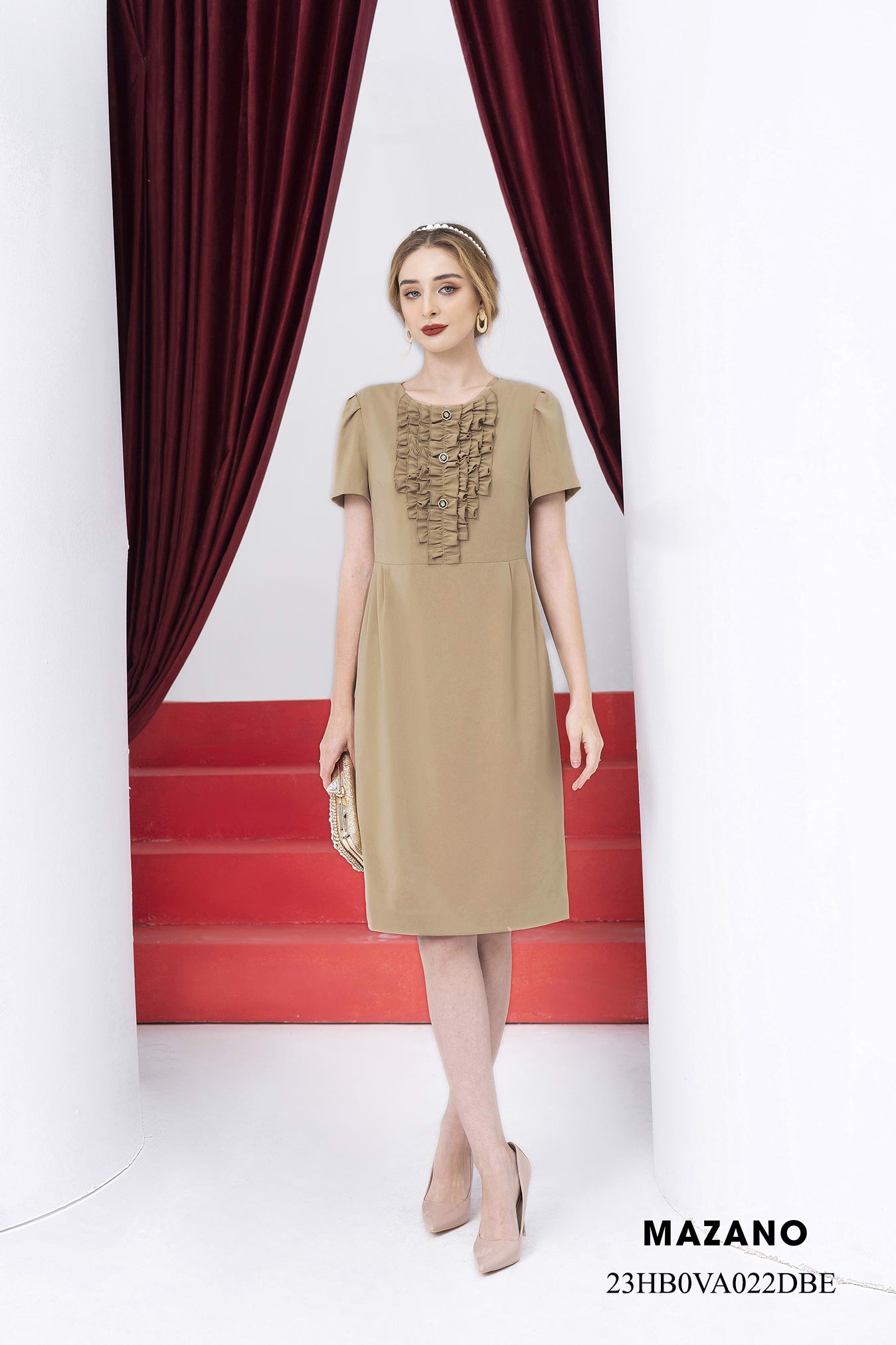 Váy Đầm Suông Vải thô mỏng Cổ tròn trang trí bèo cổ Tay ngắn Dài qua gối 23HB0VA022DBE