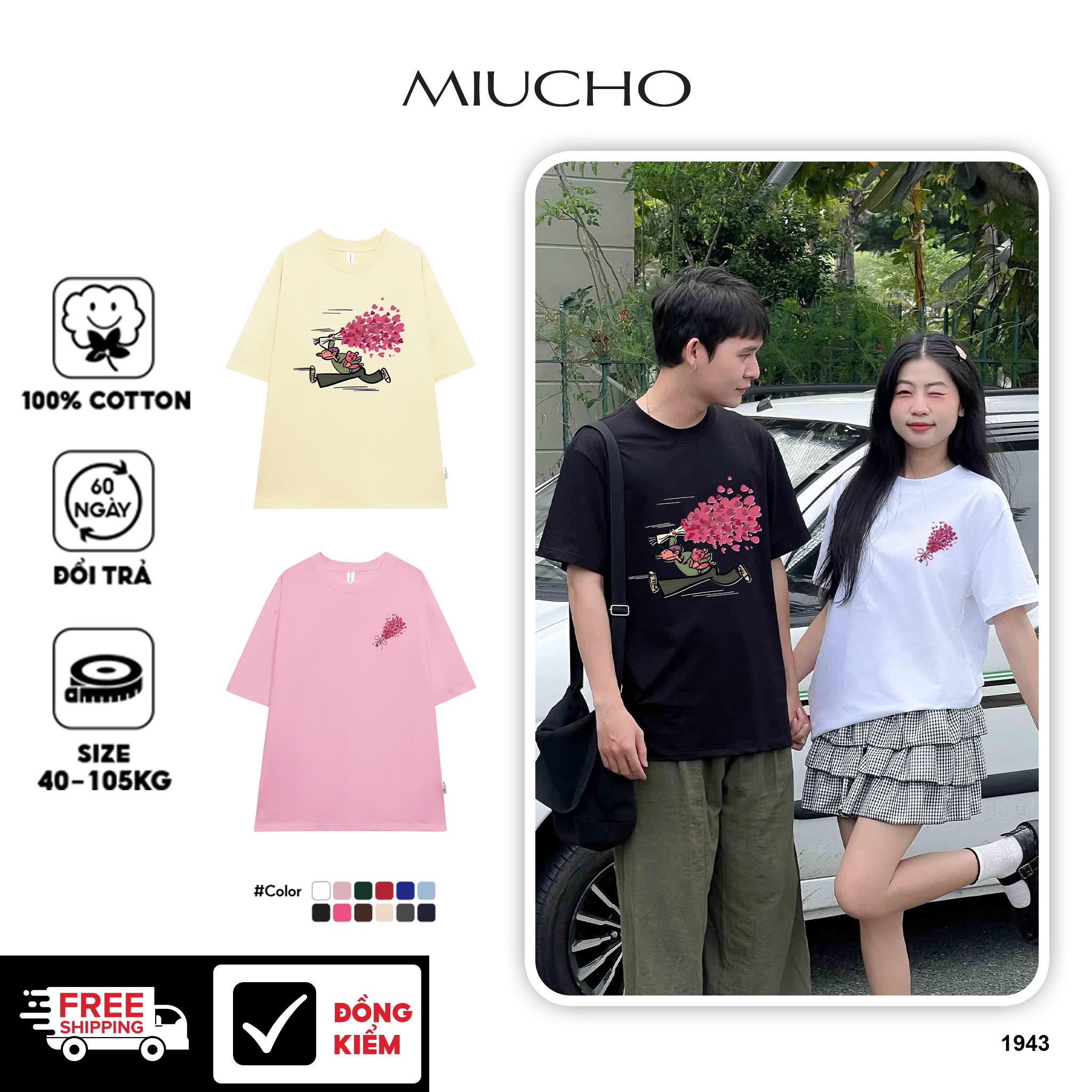 Áo thun cặp nam nữ trái tim form rộng 1943 Miucho cổ tròn vải 4c cotton 220gsm thoáng mát in mix