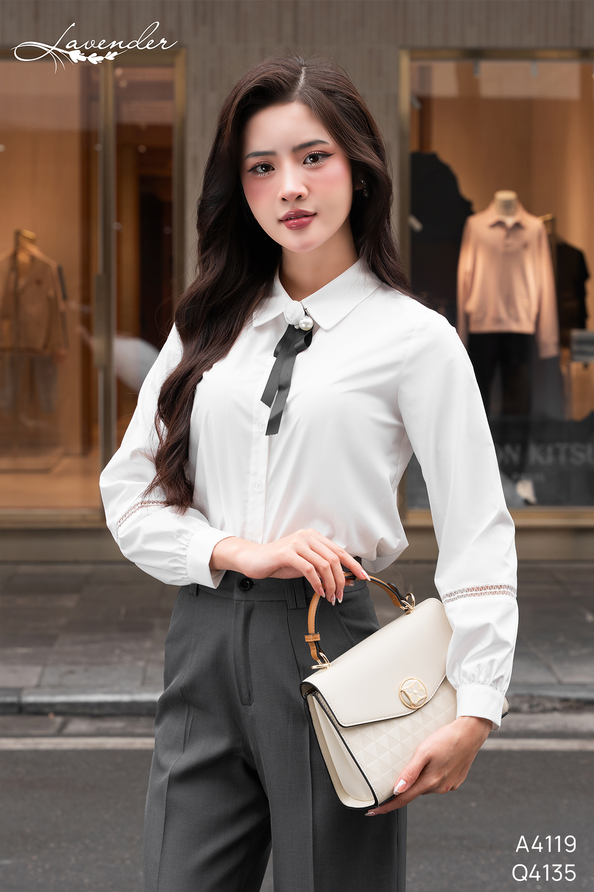 Áo sơ mi cổ nơ vải thô trắng A4119