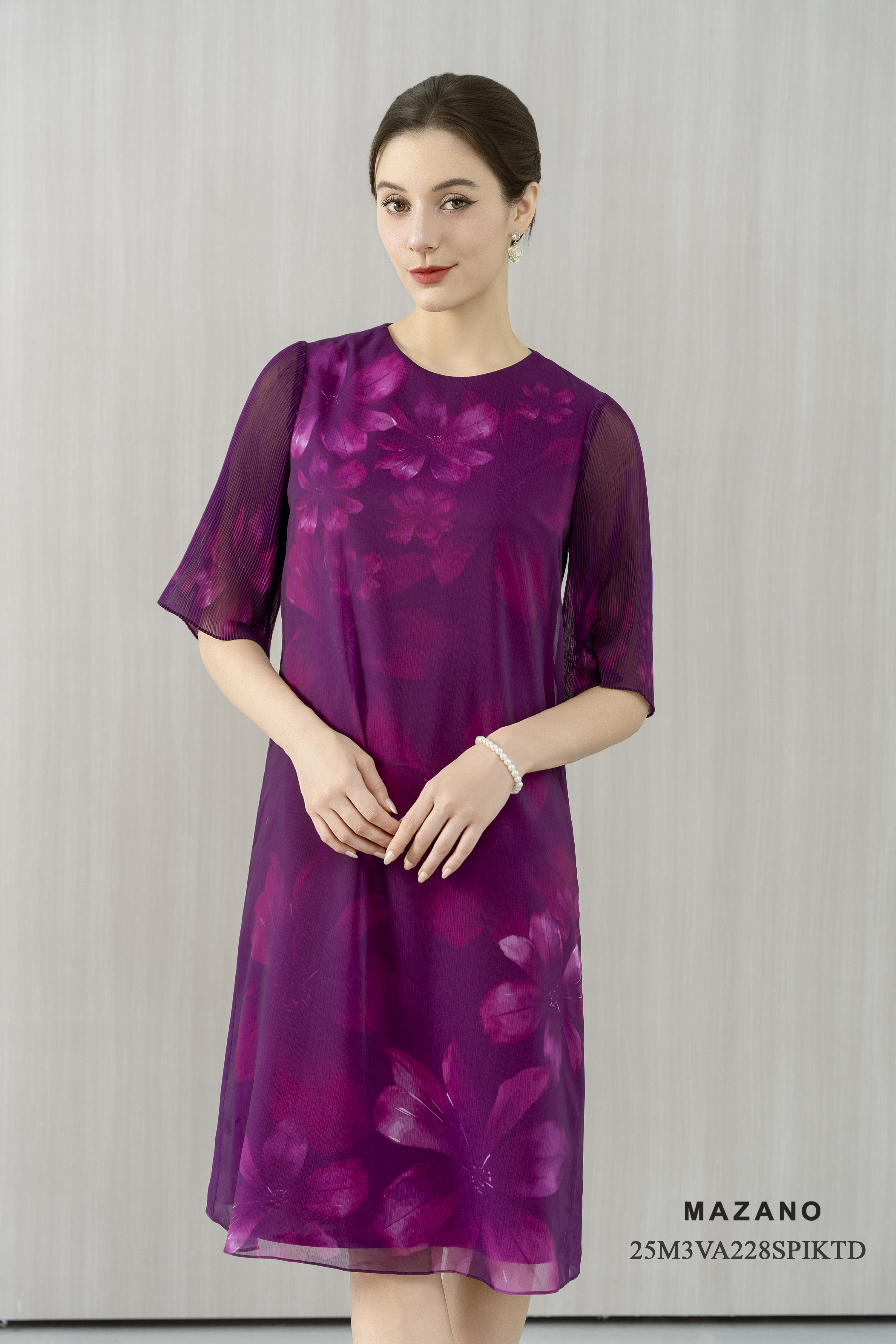 Váy Đầm suông A  Vải voan mỏng Đính trang trí Cổ tròn Tay lỡ dập ly Dài váy ngang bắp_thumbnail_2