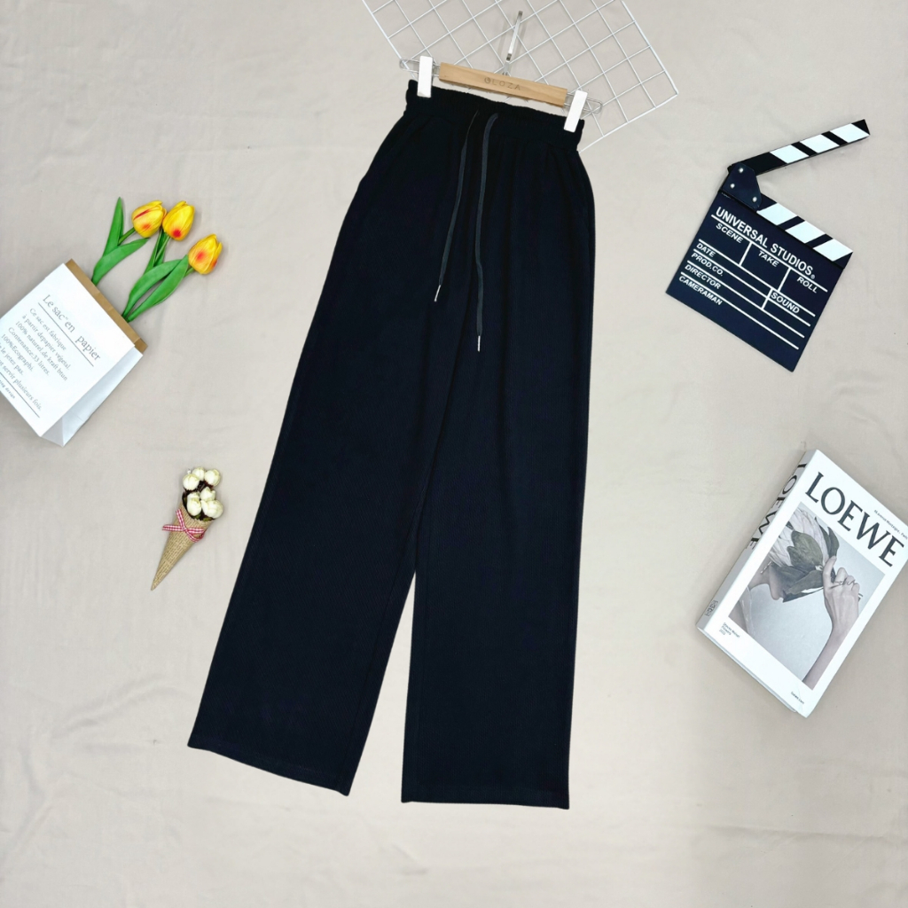Quần ống rộng nữ LOZA vải tăm ong dày dặn cạp cao co giãn có dây rút culottes dáng thụng -LQ094214_thumbnail_0