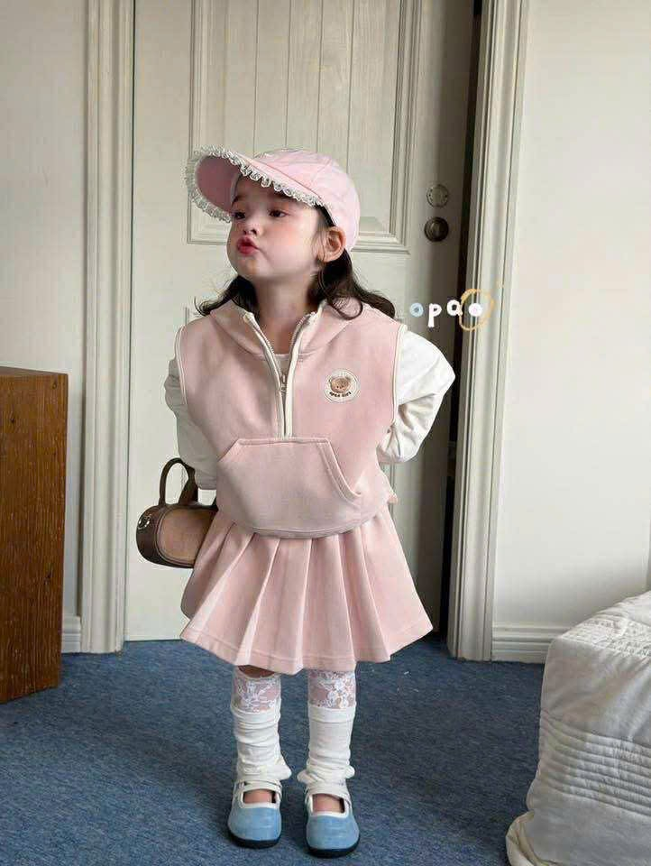 (E124) Set váy nỉ hồng khoá kéo 2 chi tiết áo gile và chân váy hãng Opao
