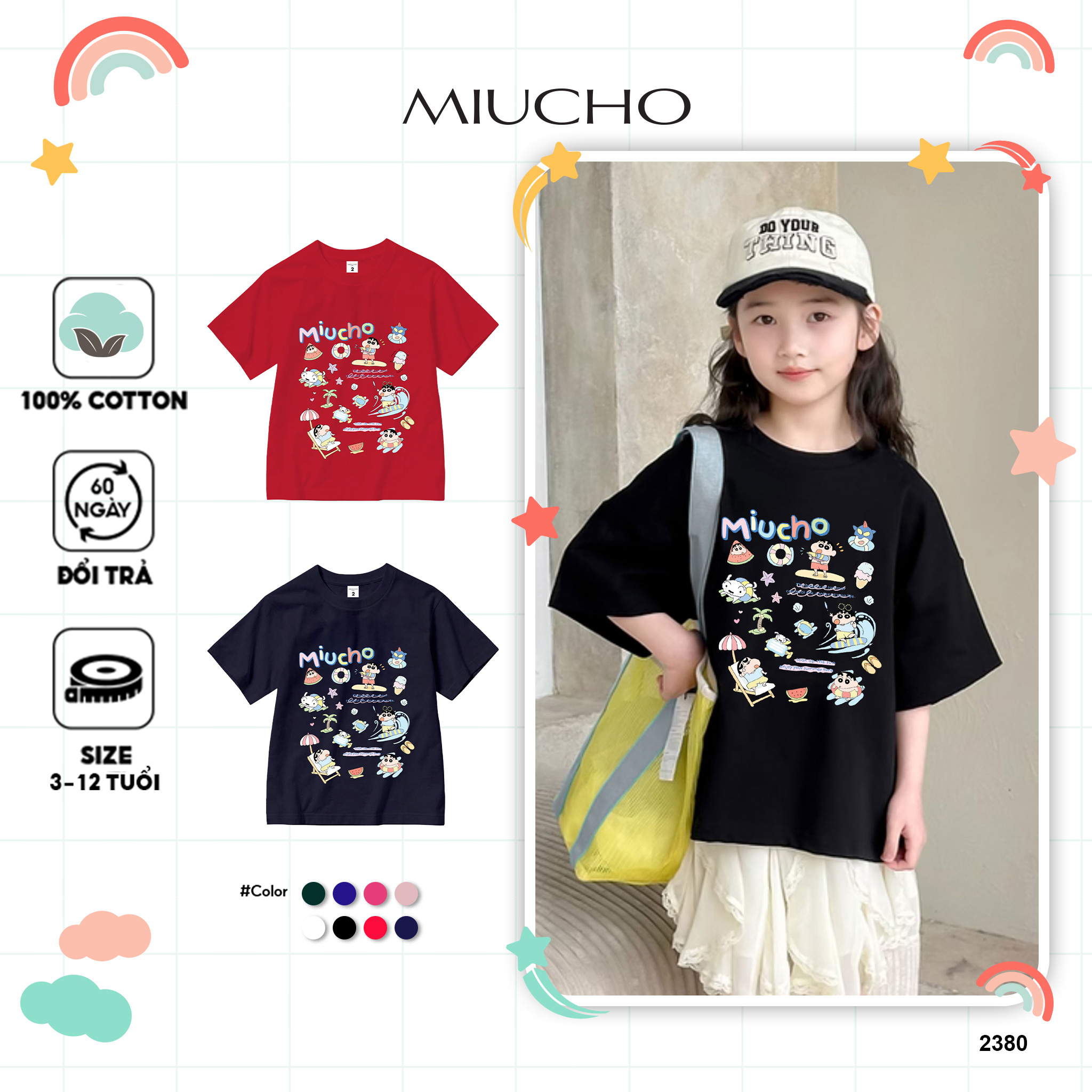 Áo thun trẻ em phong cách Hàn Quốc AED2380 Miucho Kid tay ngắn vải cotton thoáng mát in mix