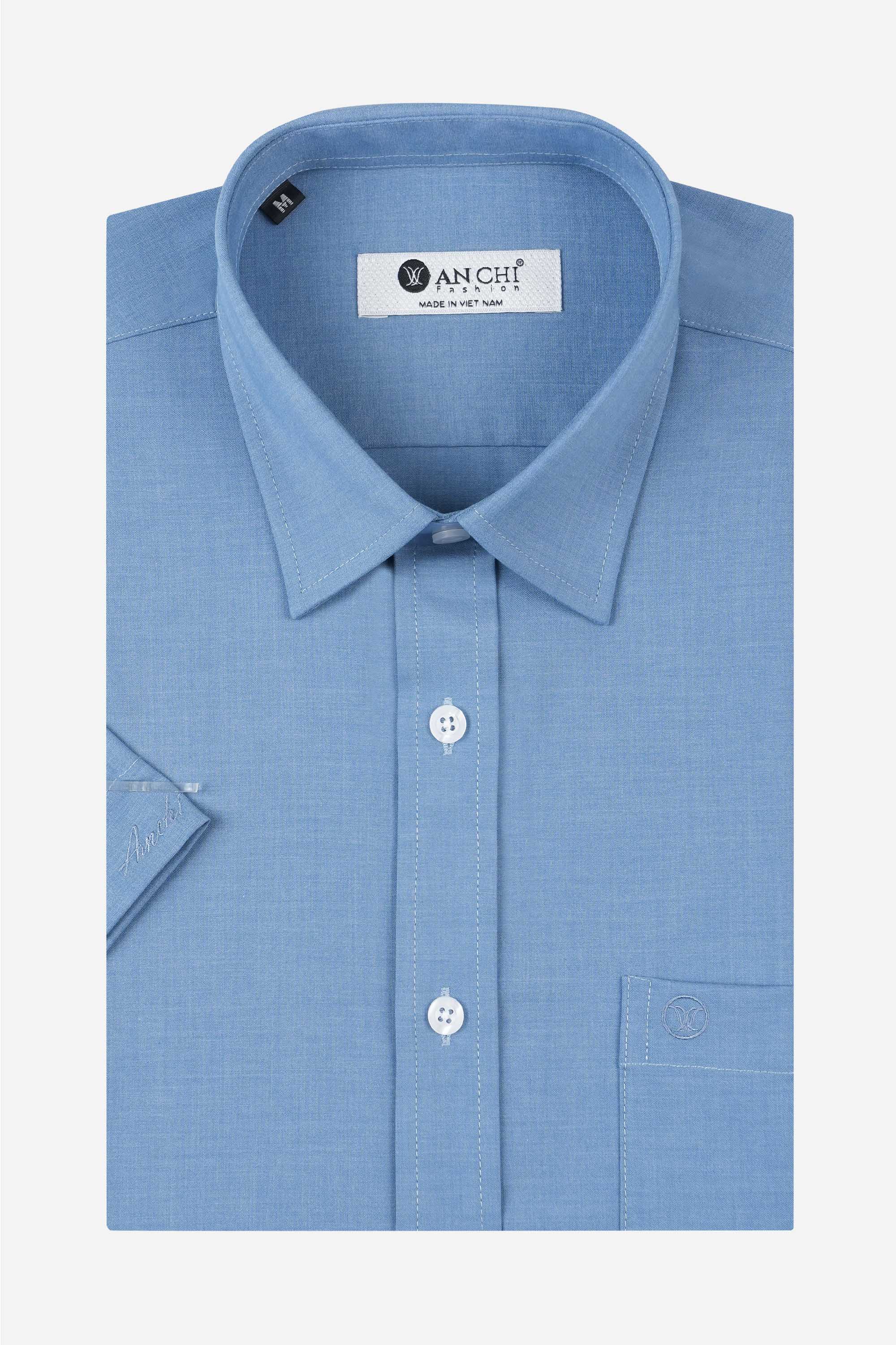 Áo Sơ Mi Trơn Cộc Tay Nam Trung Niên ANCHI Chất Liệu Sợi Gỗ Thoáng Mát Màu Xanh Nhạt