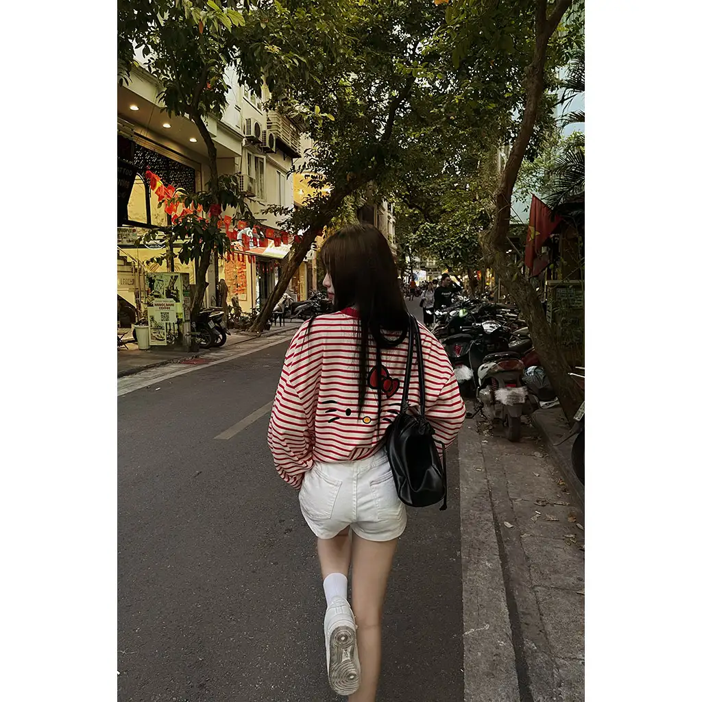 Áo thun boxy tay dài Miucho vải rib thoáng mát mềm mại co giãn tốt cổ tròn kẻ sọc kitty in mix 2691_thumbnail_8