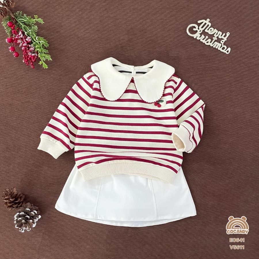 Áo dài kẻ ĐỎ cổ sóng phối cherry