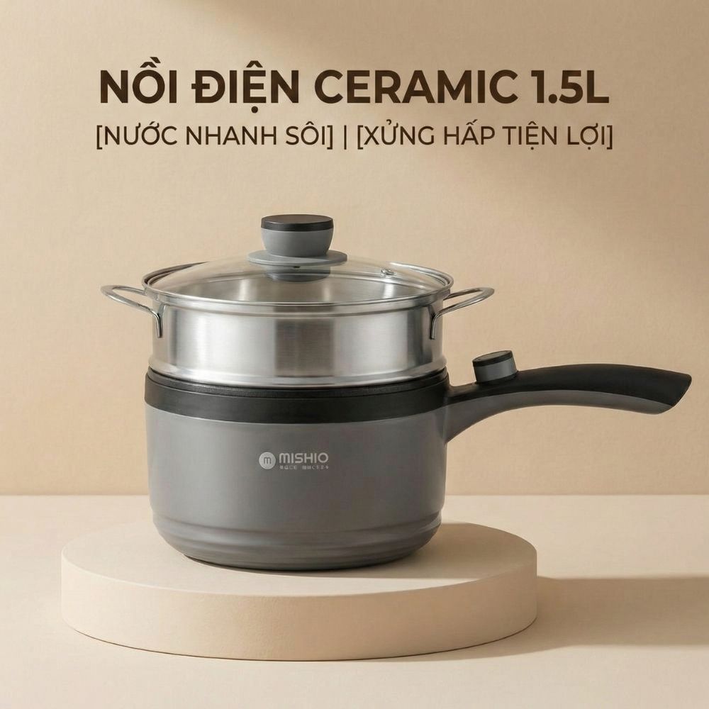 Nồi nấu đa năng Mishio MK321 | Dung tích 1.5L kèm xửng hấp inox 304